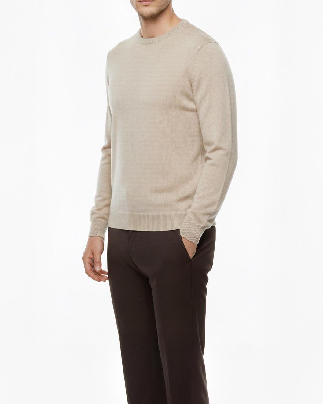 İtalyan stil slim fit erkek bisiklet yaka triko kazak bej T13127