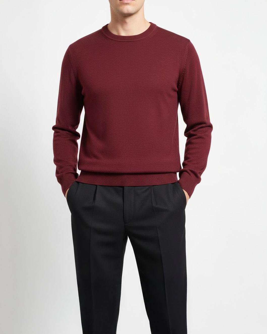 İtalyan stil slim fit erkek bisiklet yaka triko kazak bordo T13126