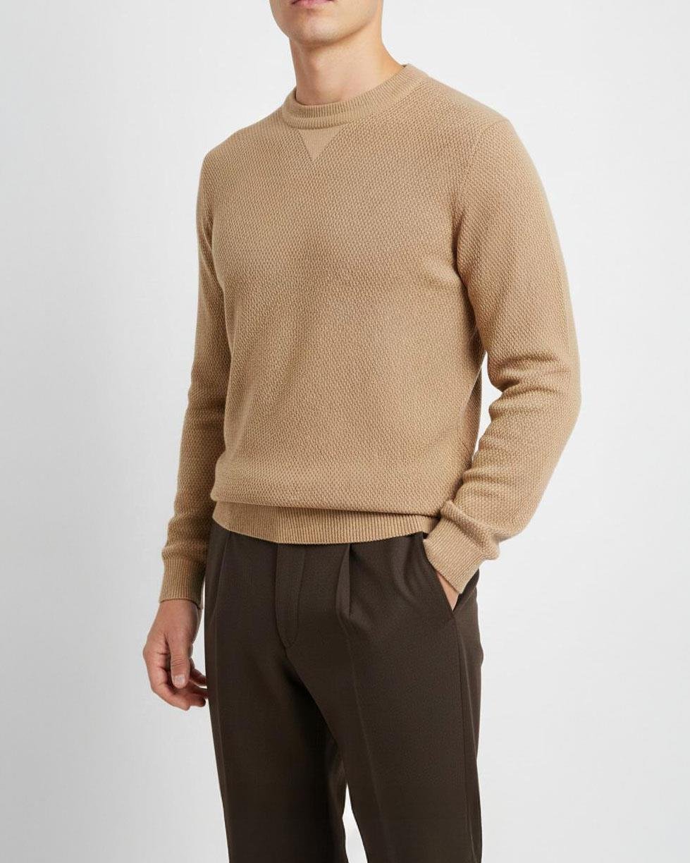 İtalyan stil slim fit erkek bisiklet yaka triko kazak camel T13133