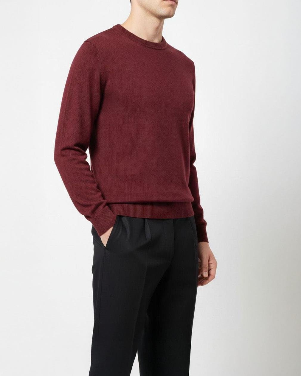 İtalyan stil slim fit erkek bisiklet yaka triko kazak bordo T13126