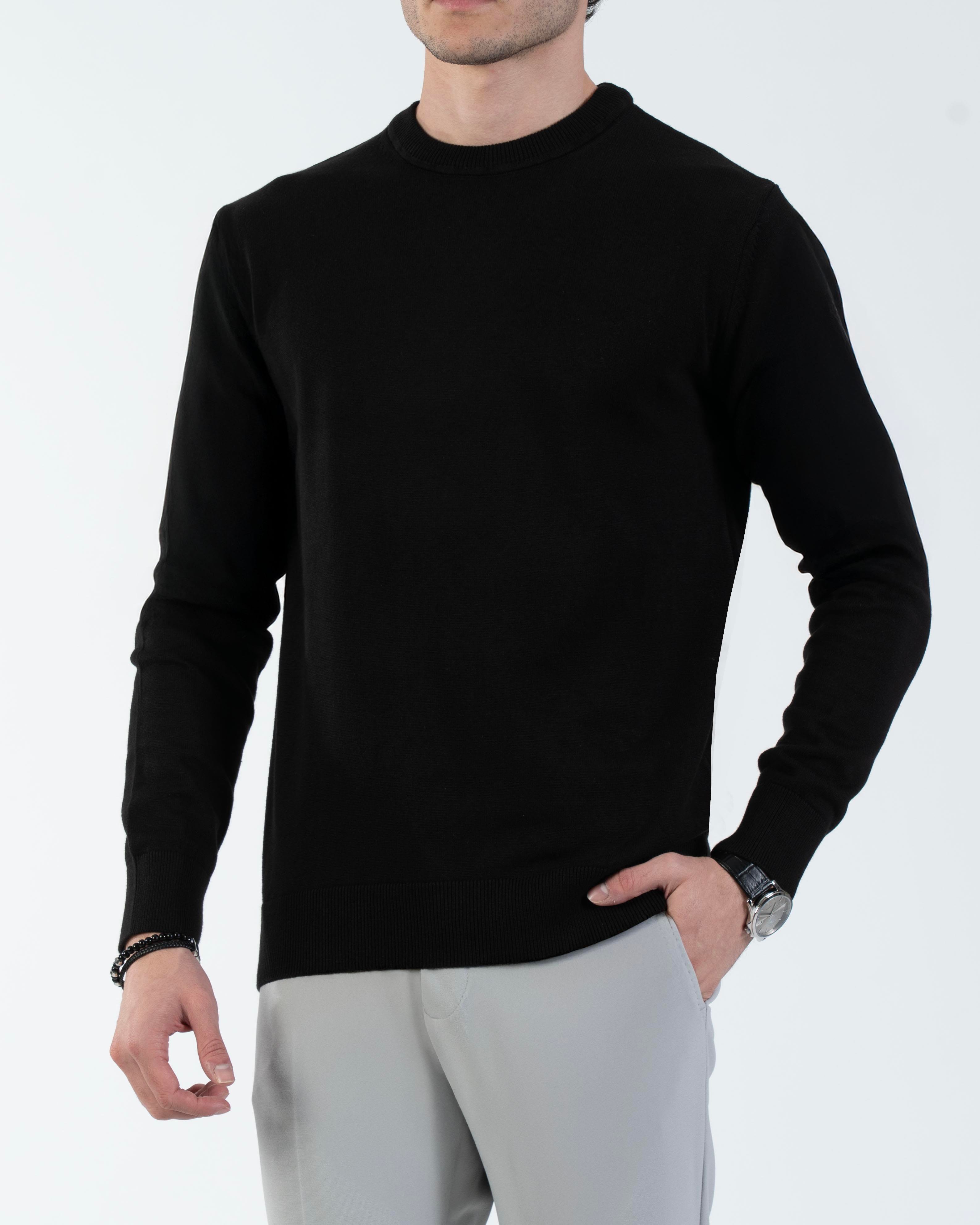 İtalyan stil slim fit erkek bisiklet yaka triko kazak siyah T13123