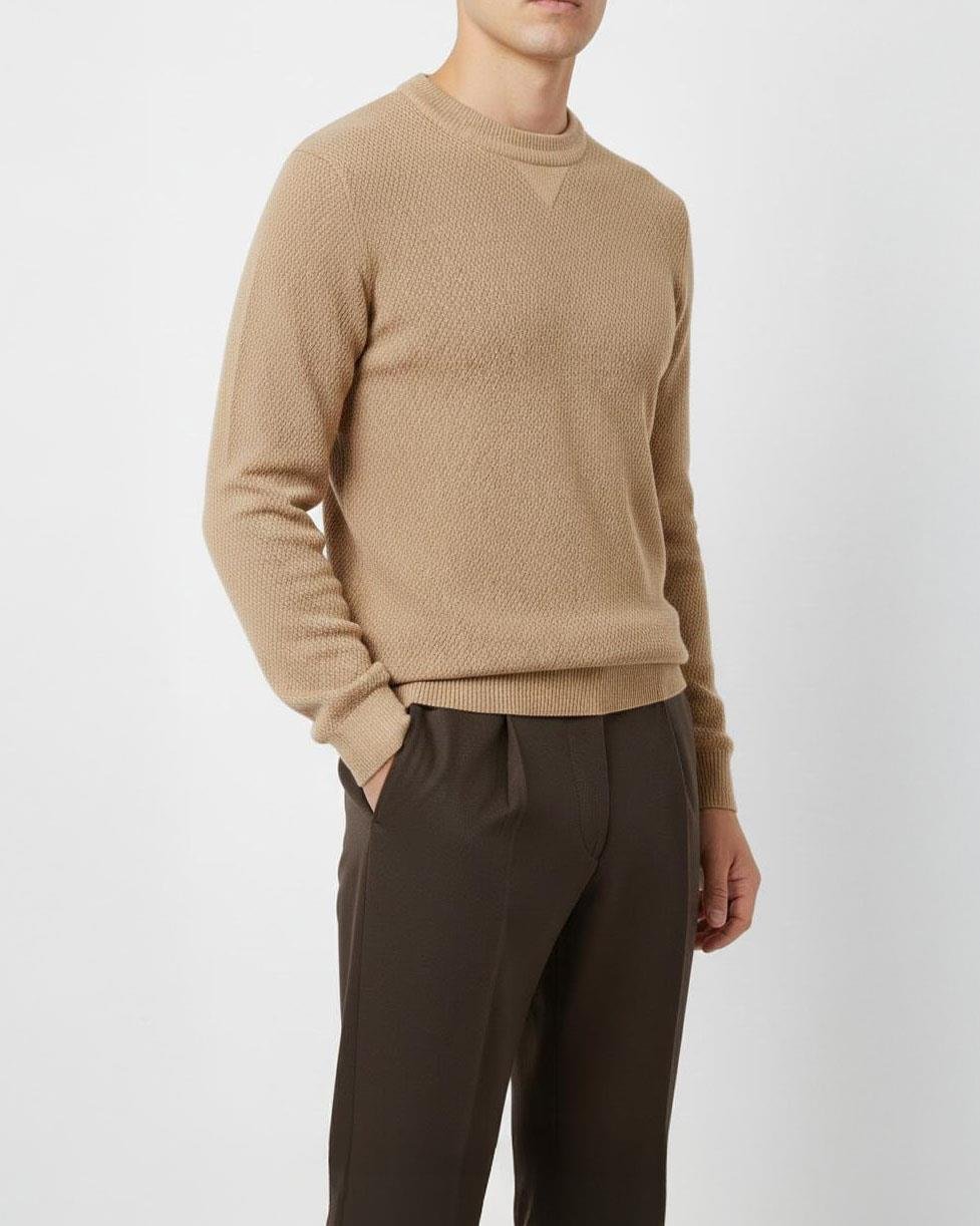 İtalyan stil slim fit erkek bisiklet yaka triko kazak camel T13133