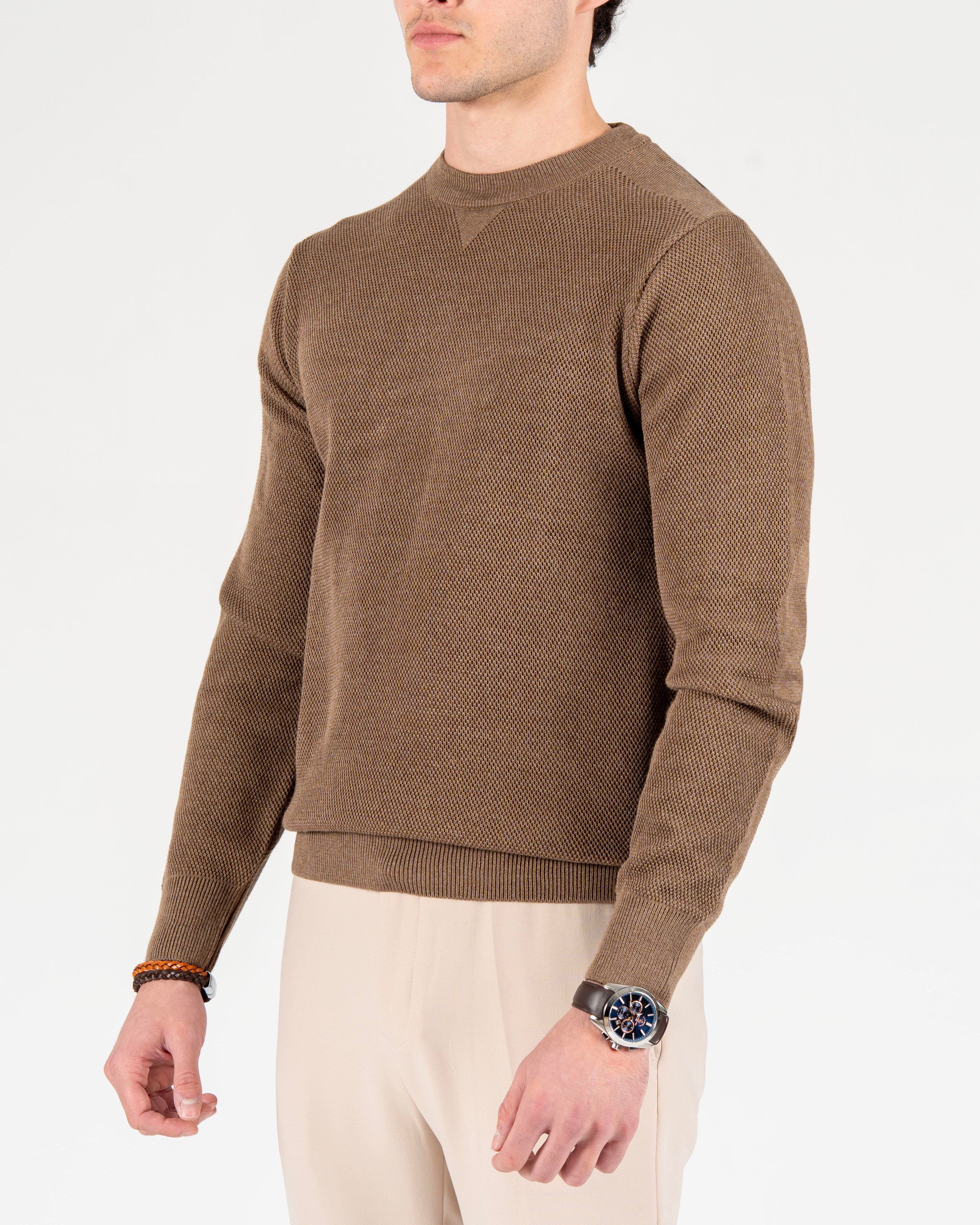 İtalyan stil slim fit erkek bisiklet yaka triko kazak kahverengi T13136