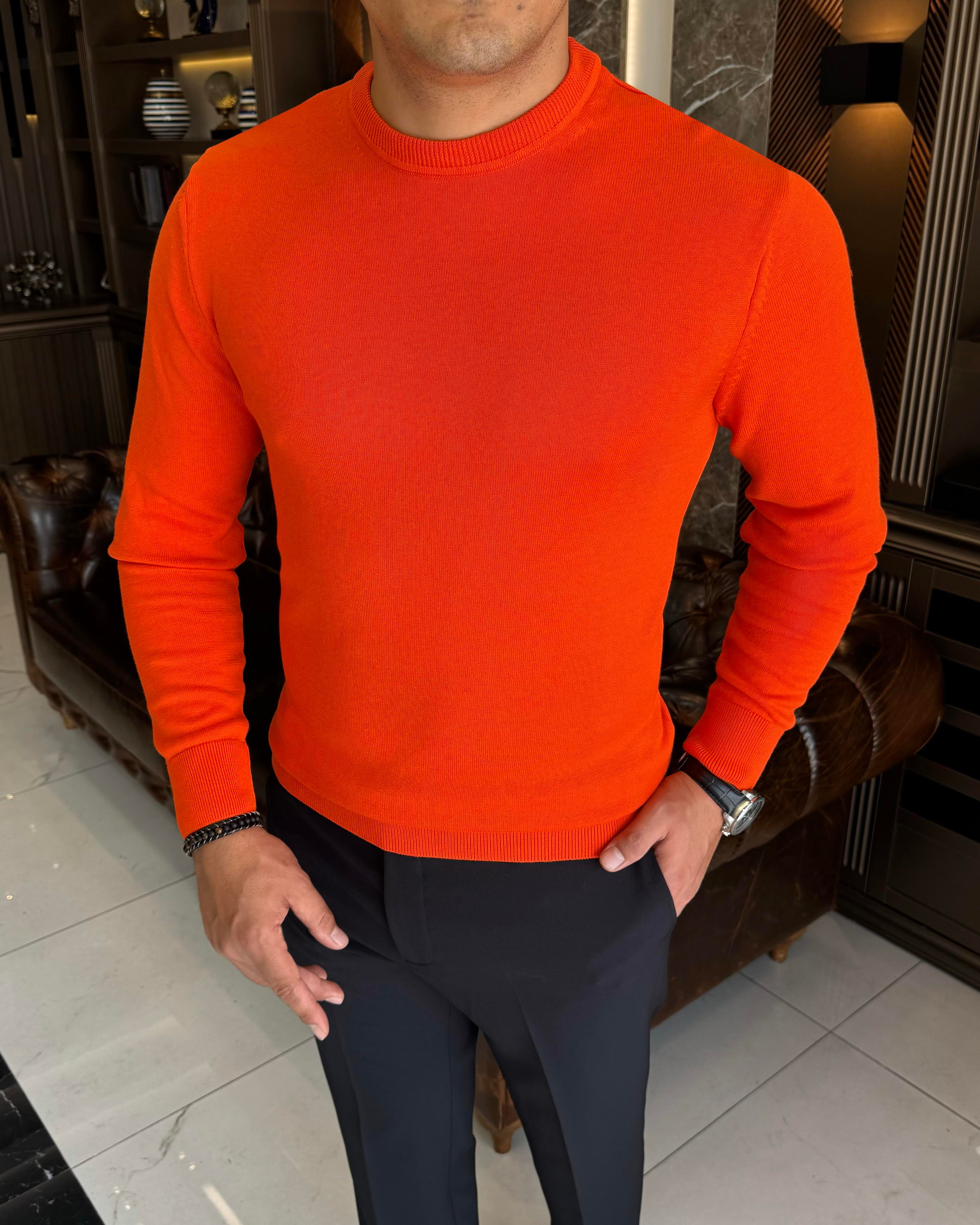 İtalyan stil slim fit erkek bisiklet yaka triko kazak kiremit T13130