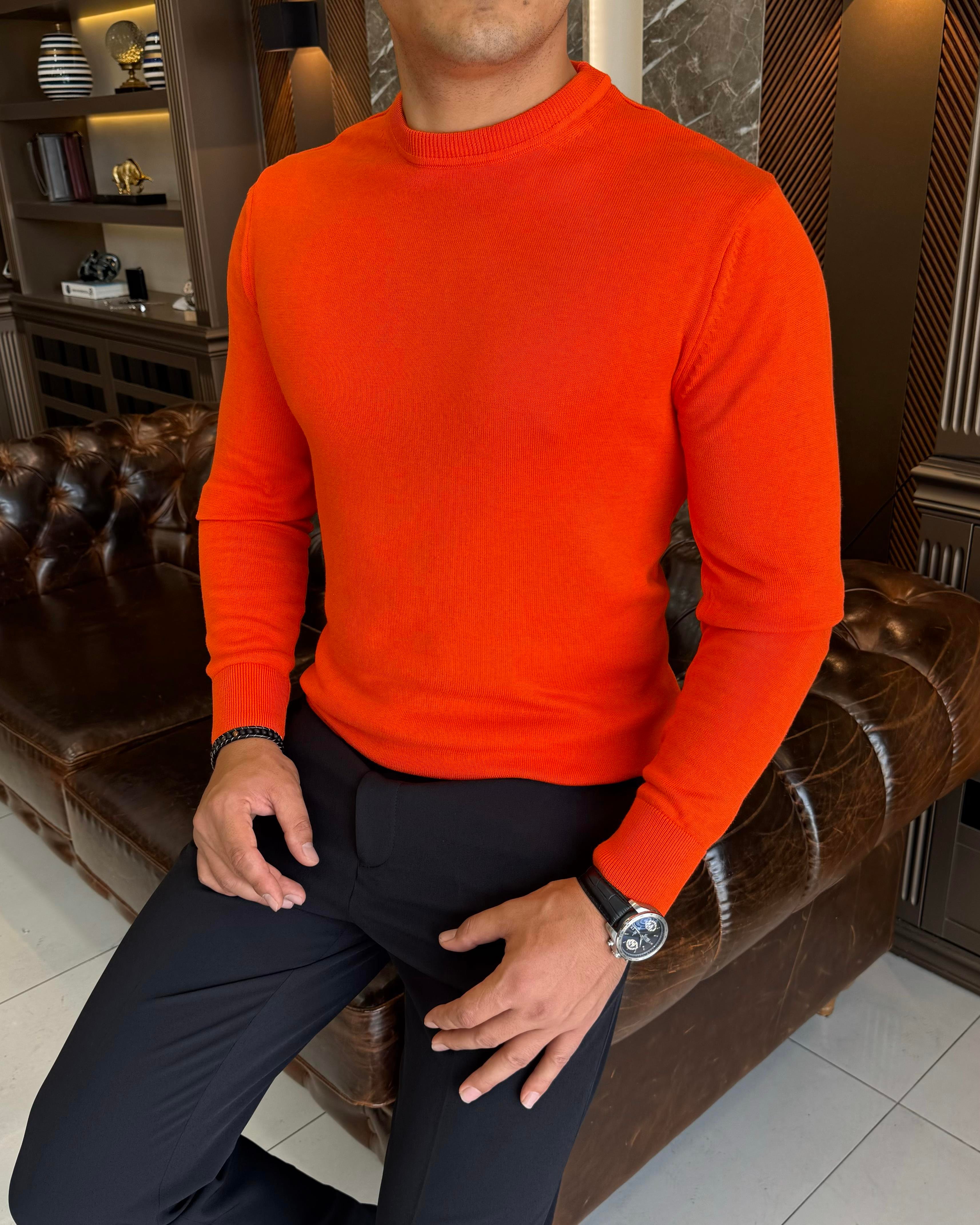 İtalyan stil slim fit erkek bisiklet yaka triko kazak kiremit T13130