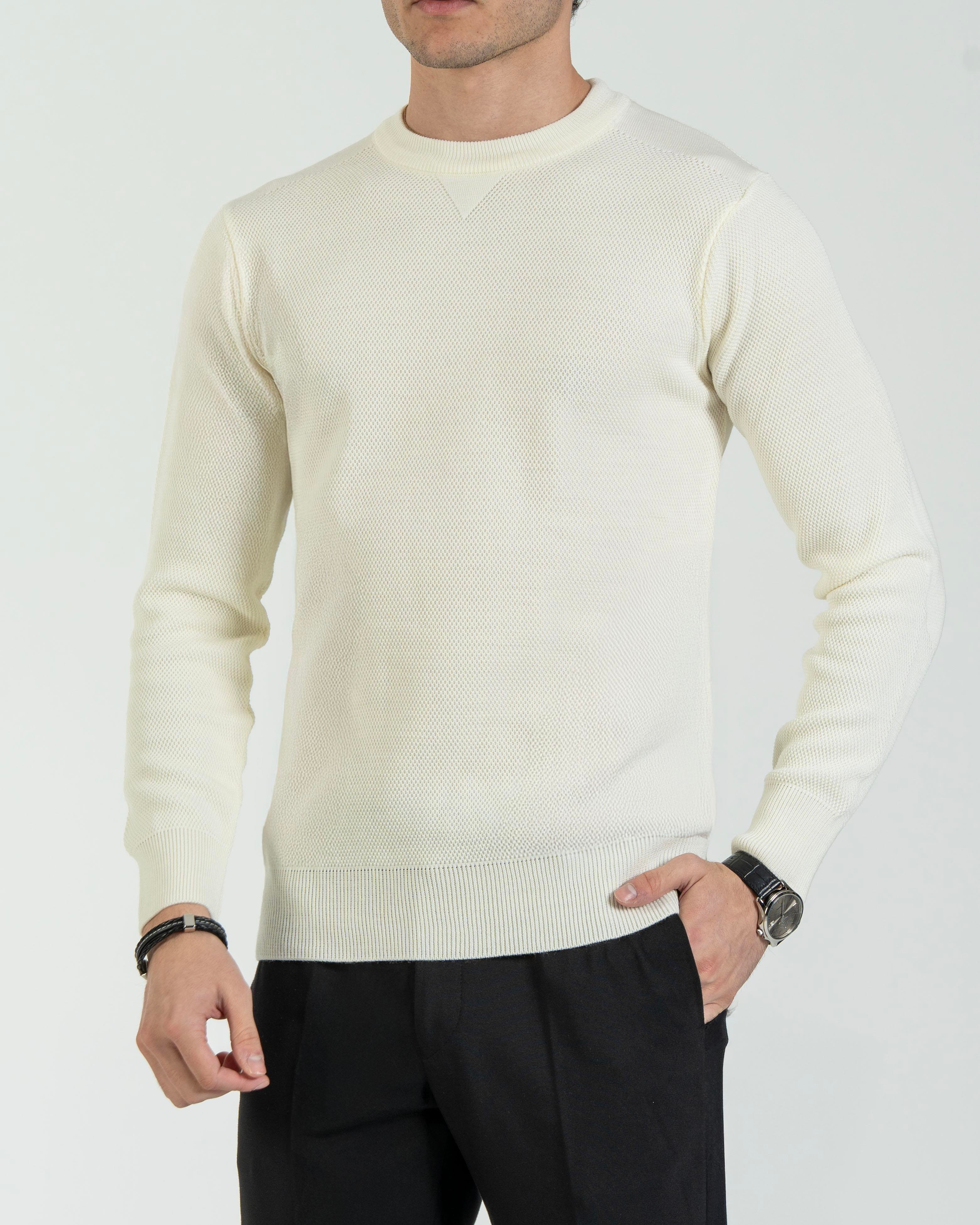 İtalyan stil slim fit erkek bisiklet yaka triko kazak ekru T13131