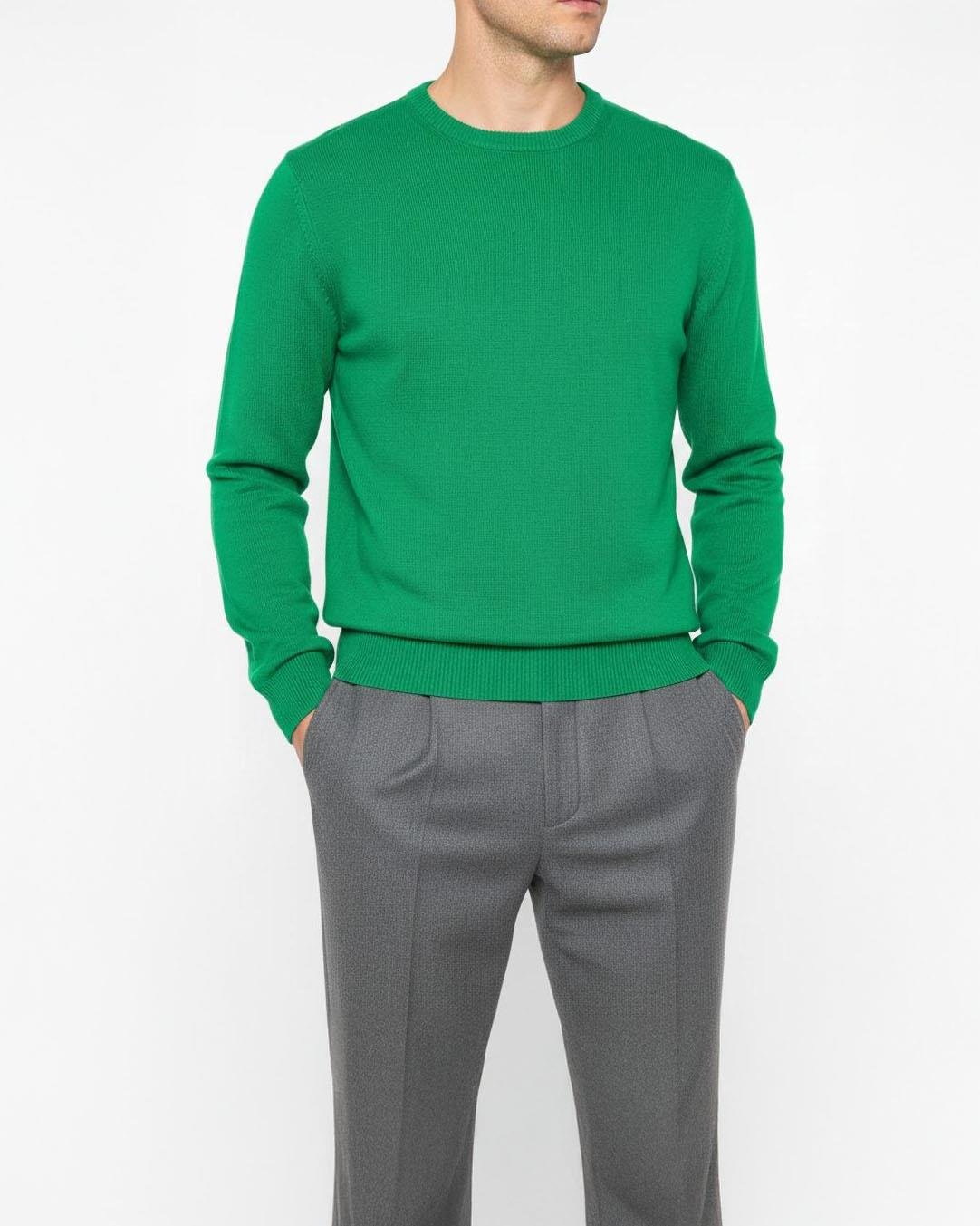 İtalyan stil slim fit erkek bisiklet yaka triko kazak yeşil T13122