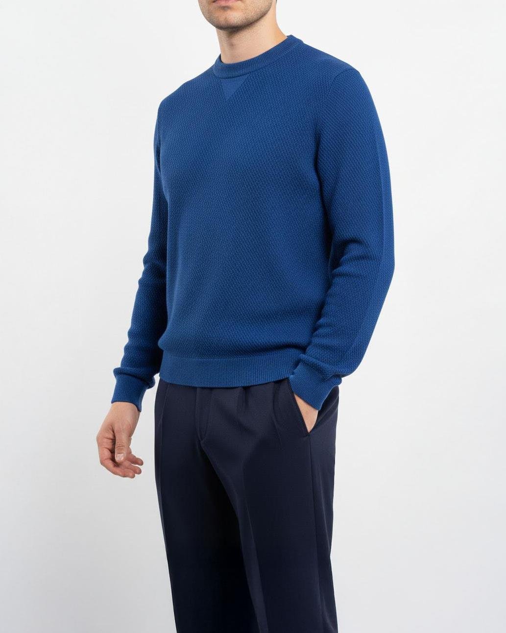 İtalyan stil slim fit erkek bisiklet yaka triko kazak saks T13137