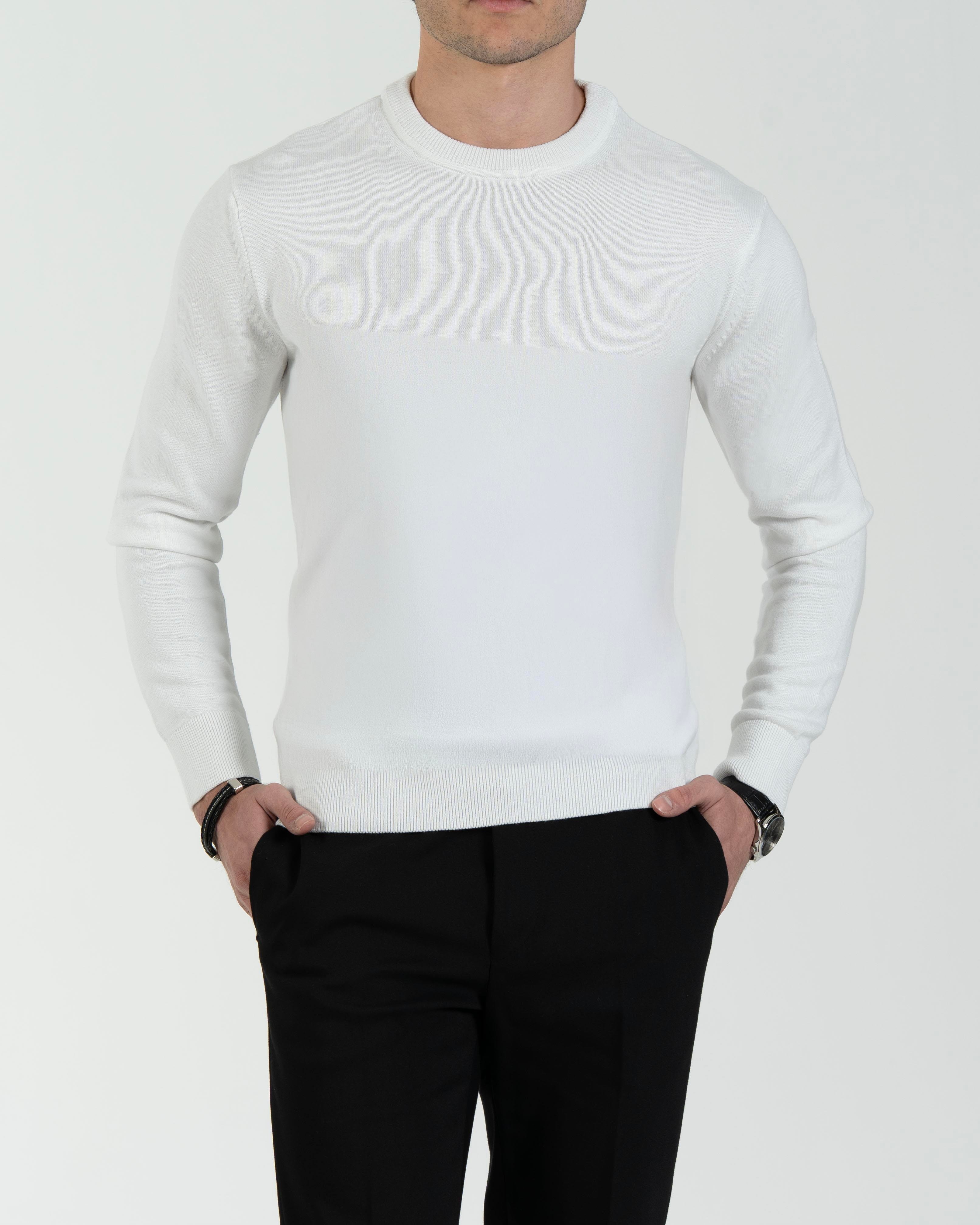 İtalyan stil slim fit erkek bisiklet yaka triko kazak ekru T13119