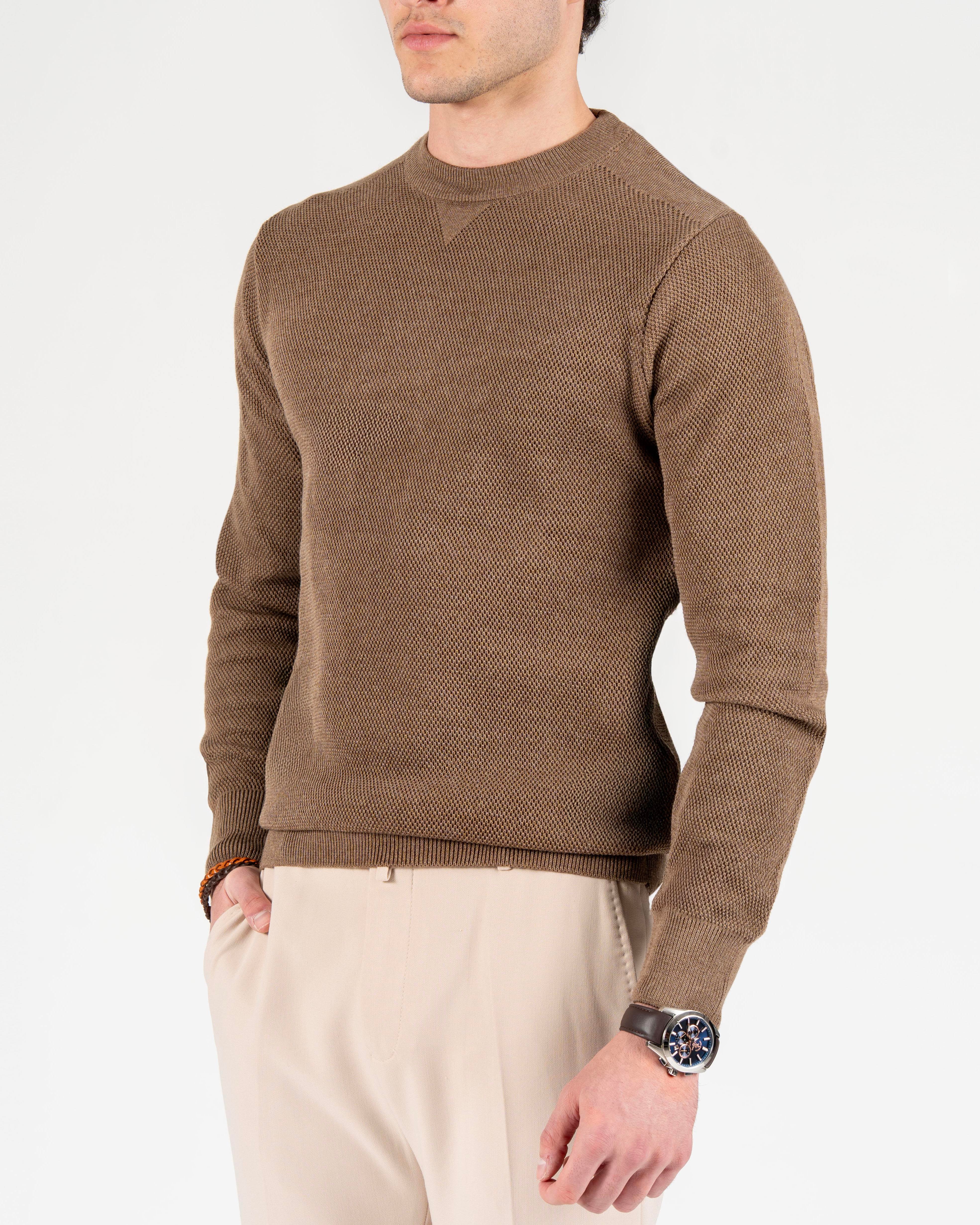 İtalyan stil slim fit erkek bisiklet yaka triko kazak kahverengi T13136