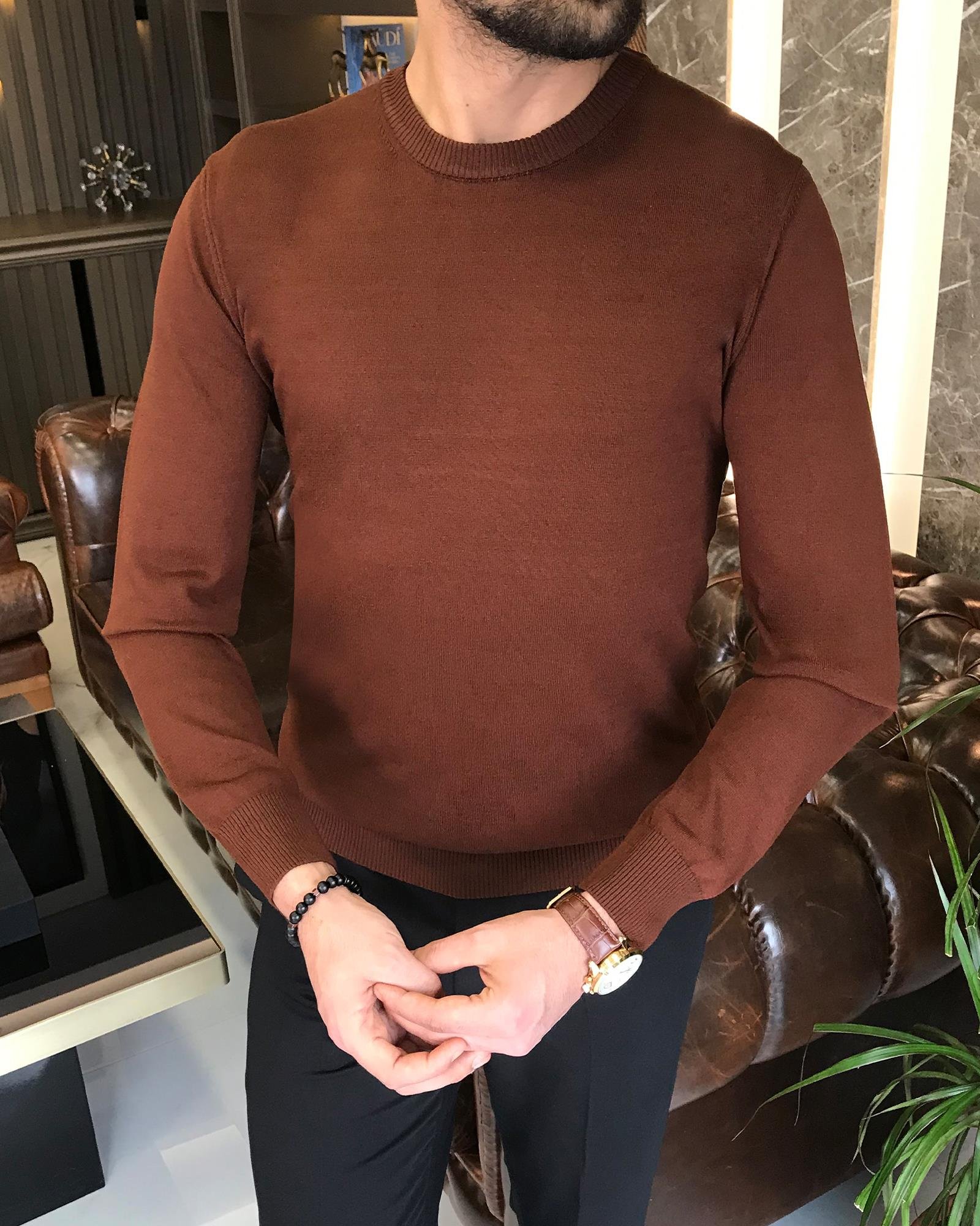 İtalyan stil slim fit erkek bisiklet yaka triko kazak Kahverengi T8726