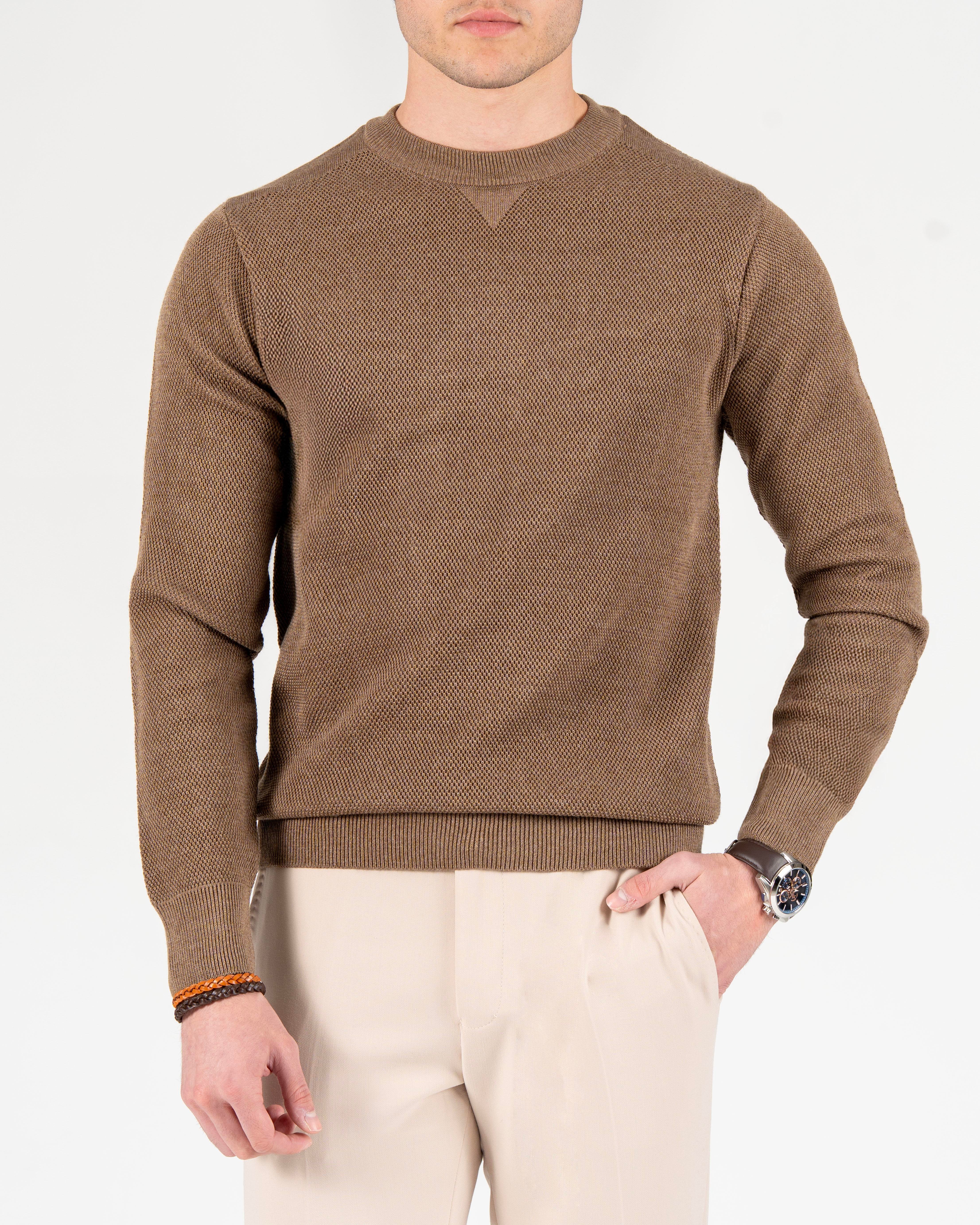 İtalyan stil slim fit erkek bisiklet yaka triko kazak kahverengi T13136