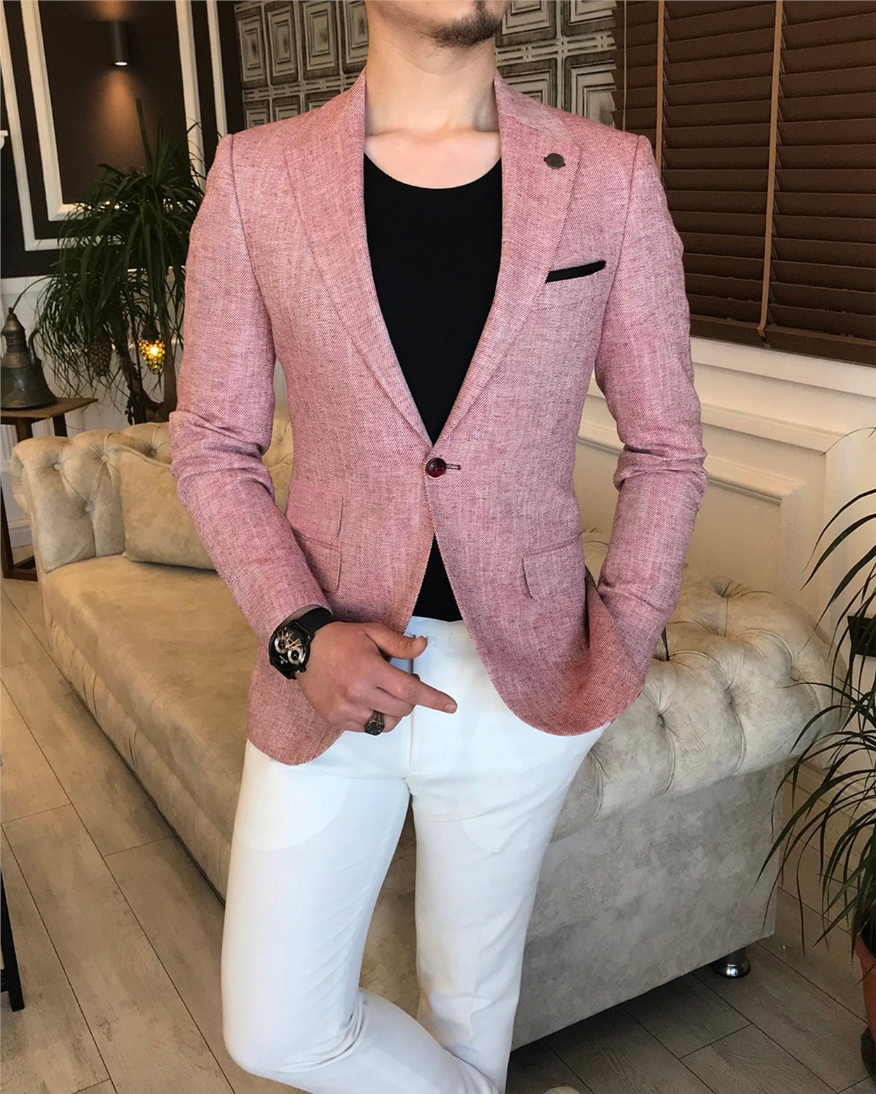 İtalyan stil slim fit erkek blazer tek ceket Bordo T5890