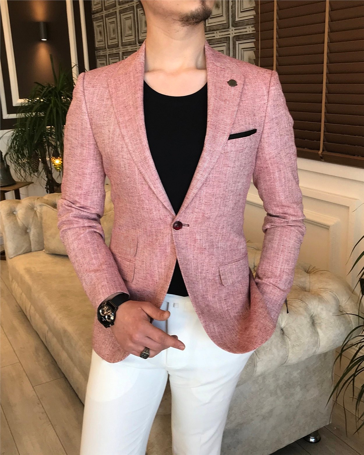 İtalyan stil slim fit erkek blazer tek ceket Bordo T5890