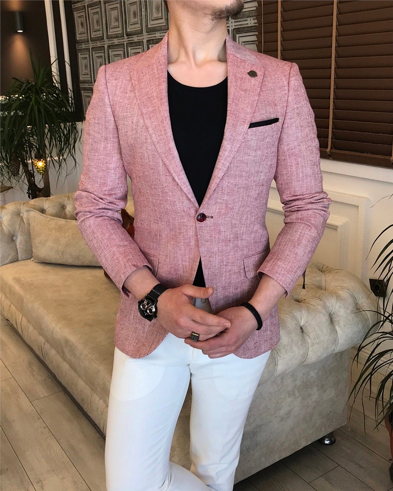 İtalyan stil slim fit erkek blazer tek ceket Bordo T5890