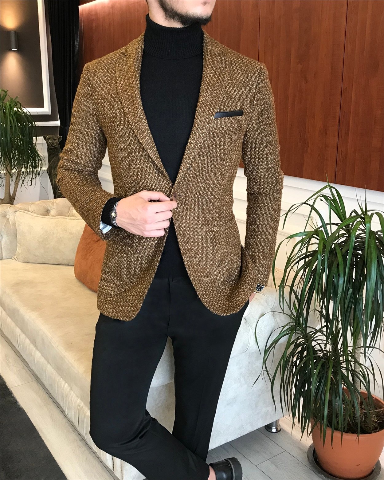 İtalyan stil slim fit erkek blazer tek ceket camel T6298