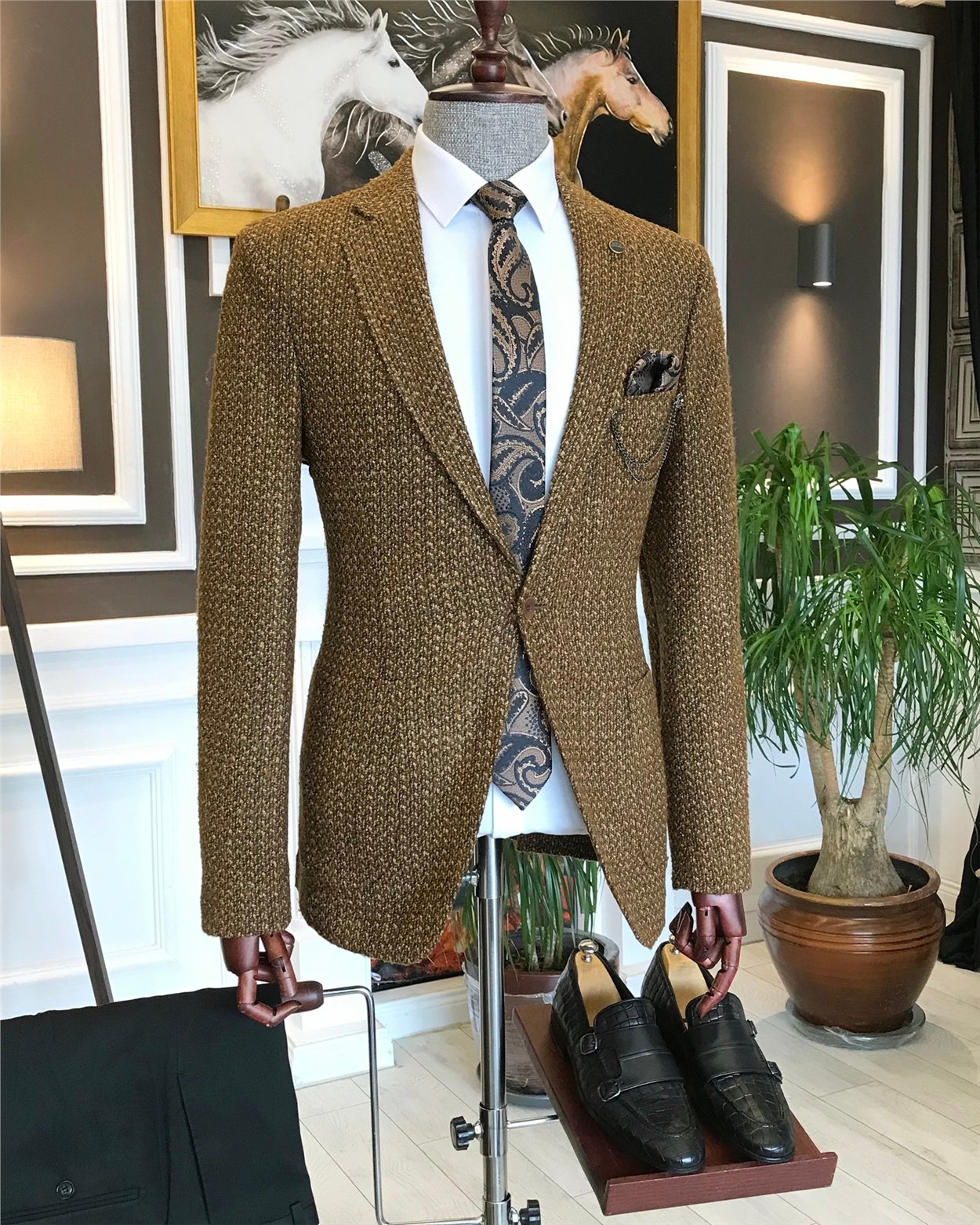 İtalyan stil slim fit erkek blazer tek ceket camel T6298
