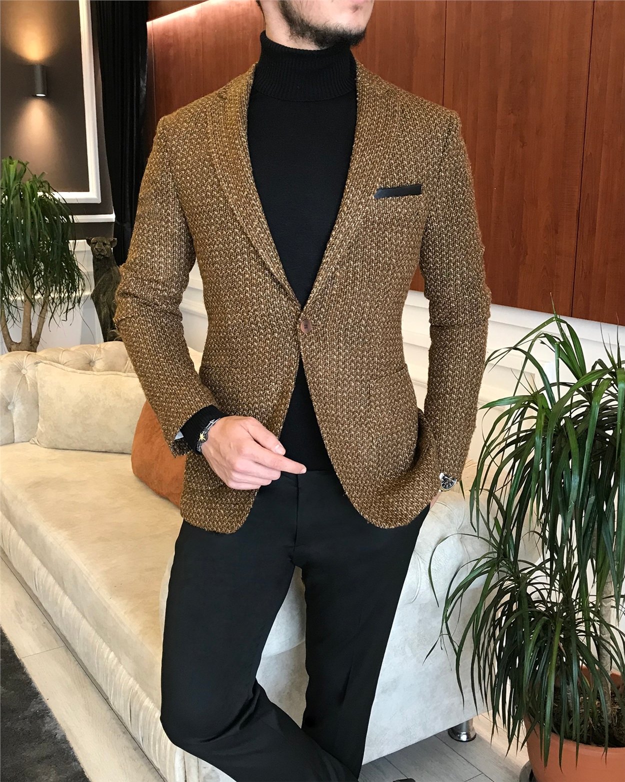 İtalyan stil slim fit erkek blazer tek ceket camel T6298