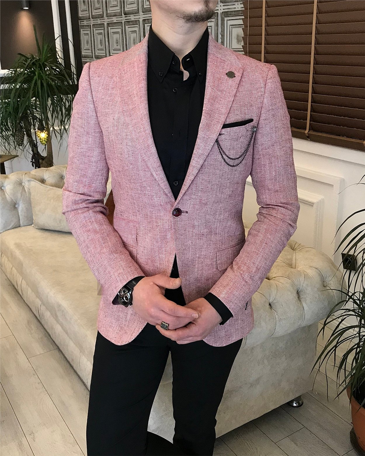 İtalyan stil slim fit erkek blazer tek ceket Bordo T5890