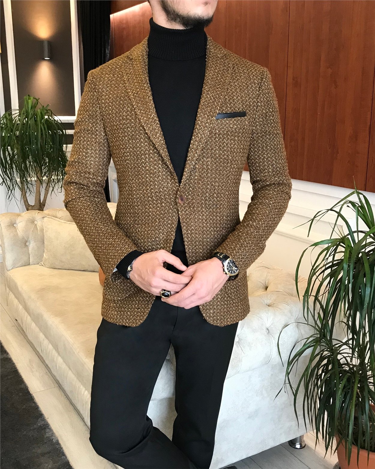 İtalyan stil slim fit erkek blazer tek ceket camel T6298
