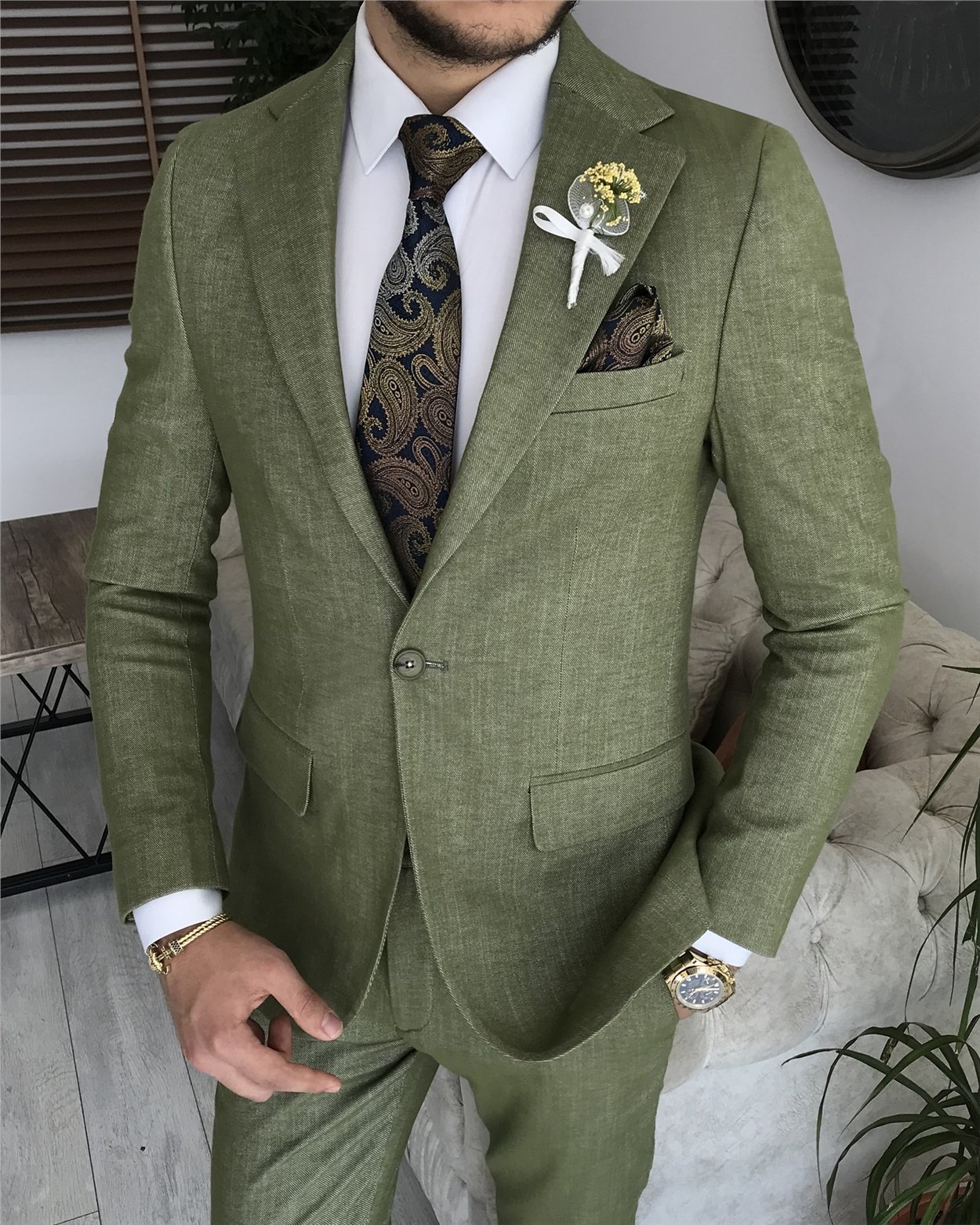 İtalyan stil slim fit erkek ceket beli bağcıklı pantolon takım elbise Yeşil T8173