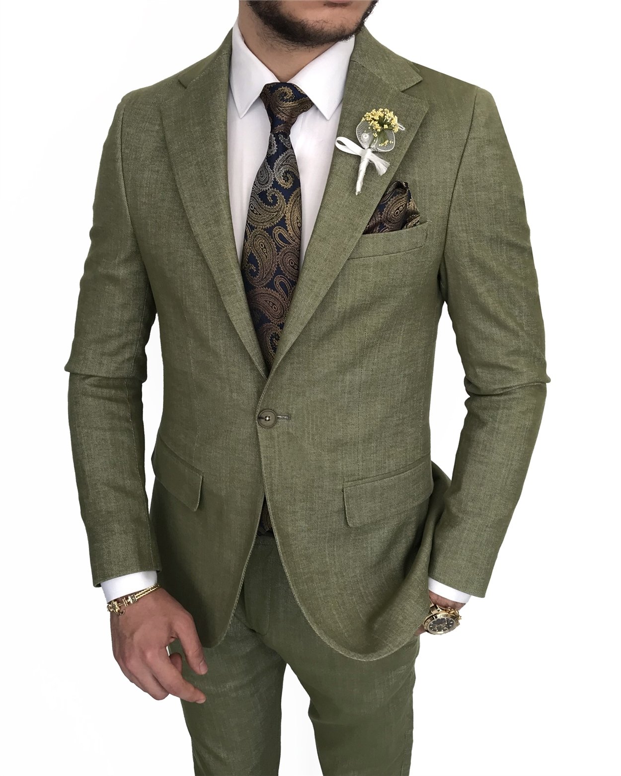 İtalyan stil slim fit erkek ceket beli bağcıklı pantolon takım elbise Yeşil T8173