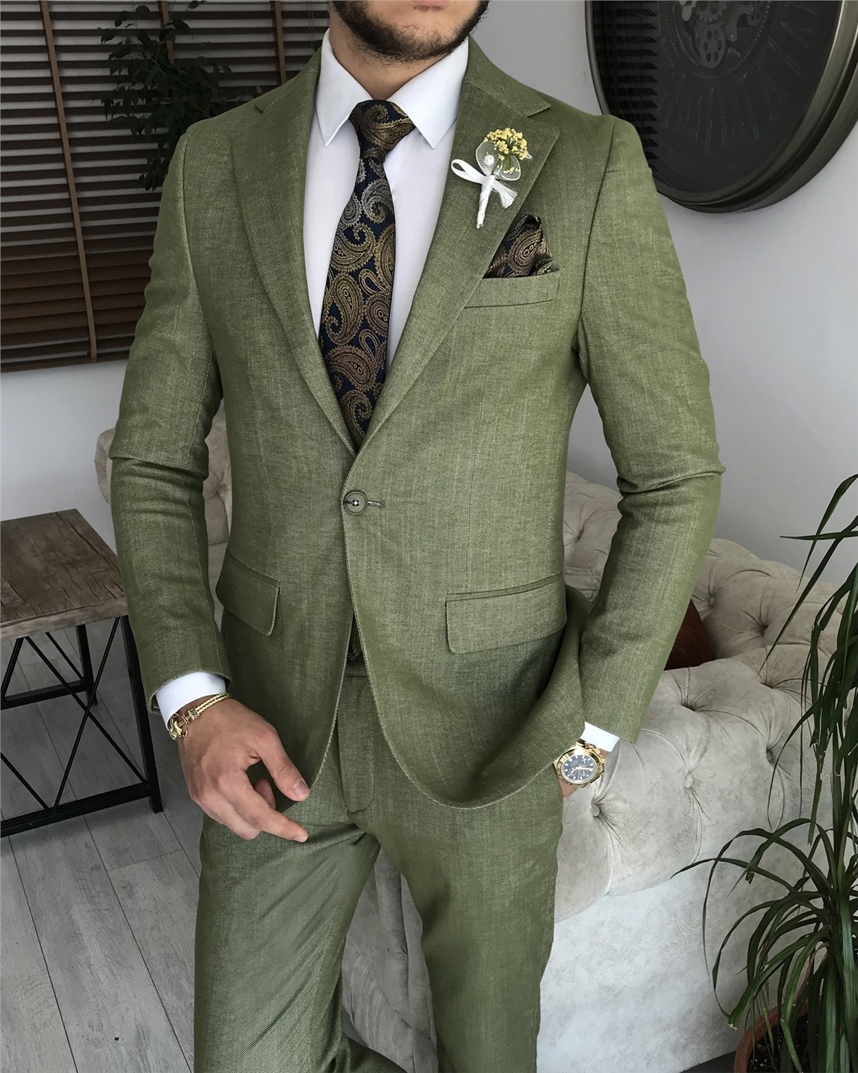 İtalyan stil slim fit erkek ceket beli bağcıklı pantolon takım elbise Yeşil T8173