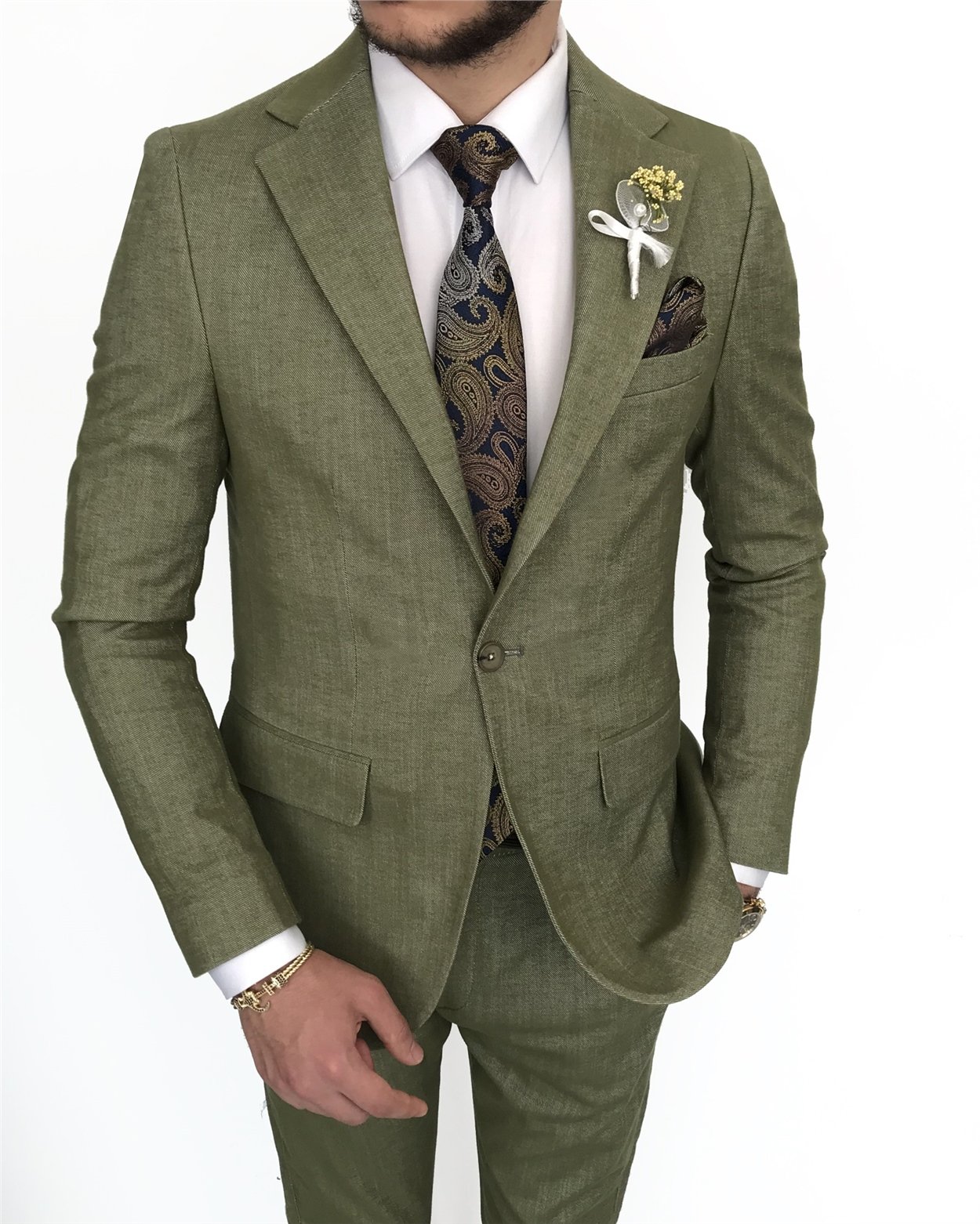 İtalyan stil slim fit erkek ceket beli bağcıklı pantolon takım elbise Yeşil T8173