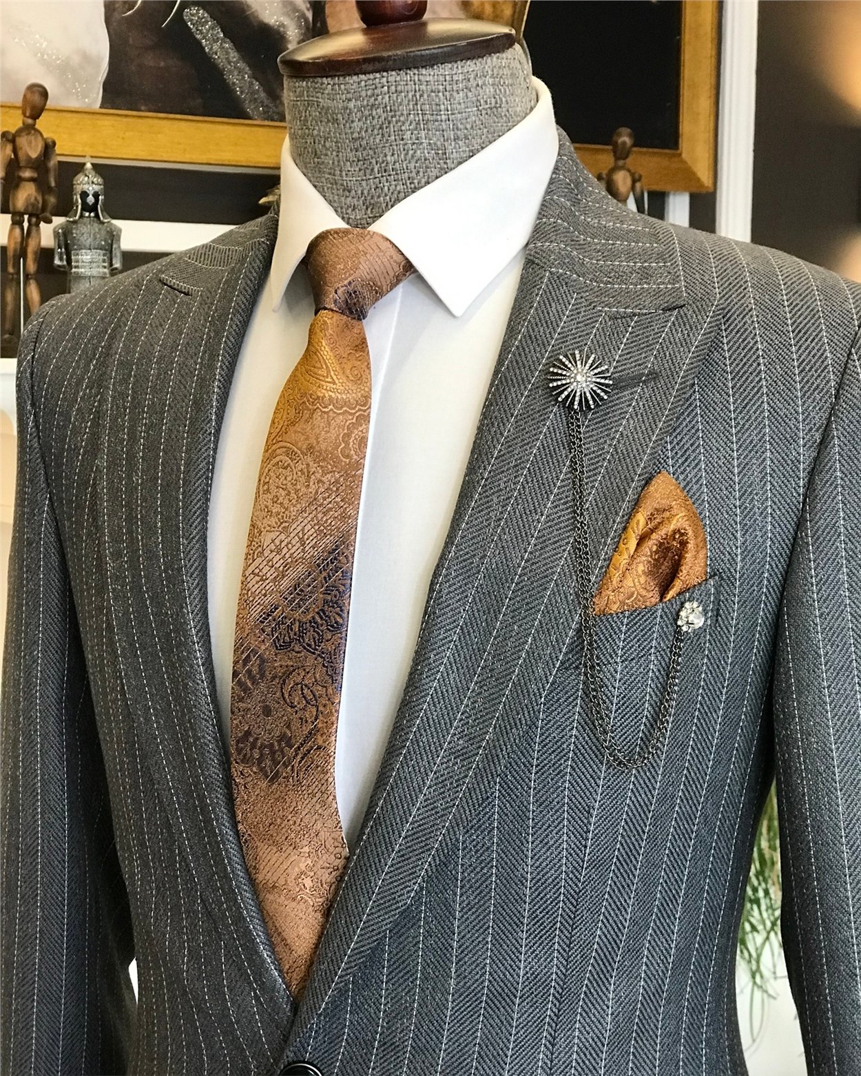 İtalyan stil slim fit erkek ceket pantolon takım elbise gri T6480