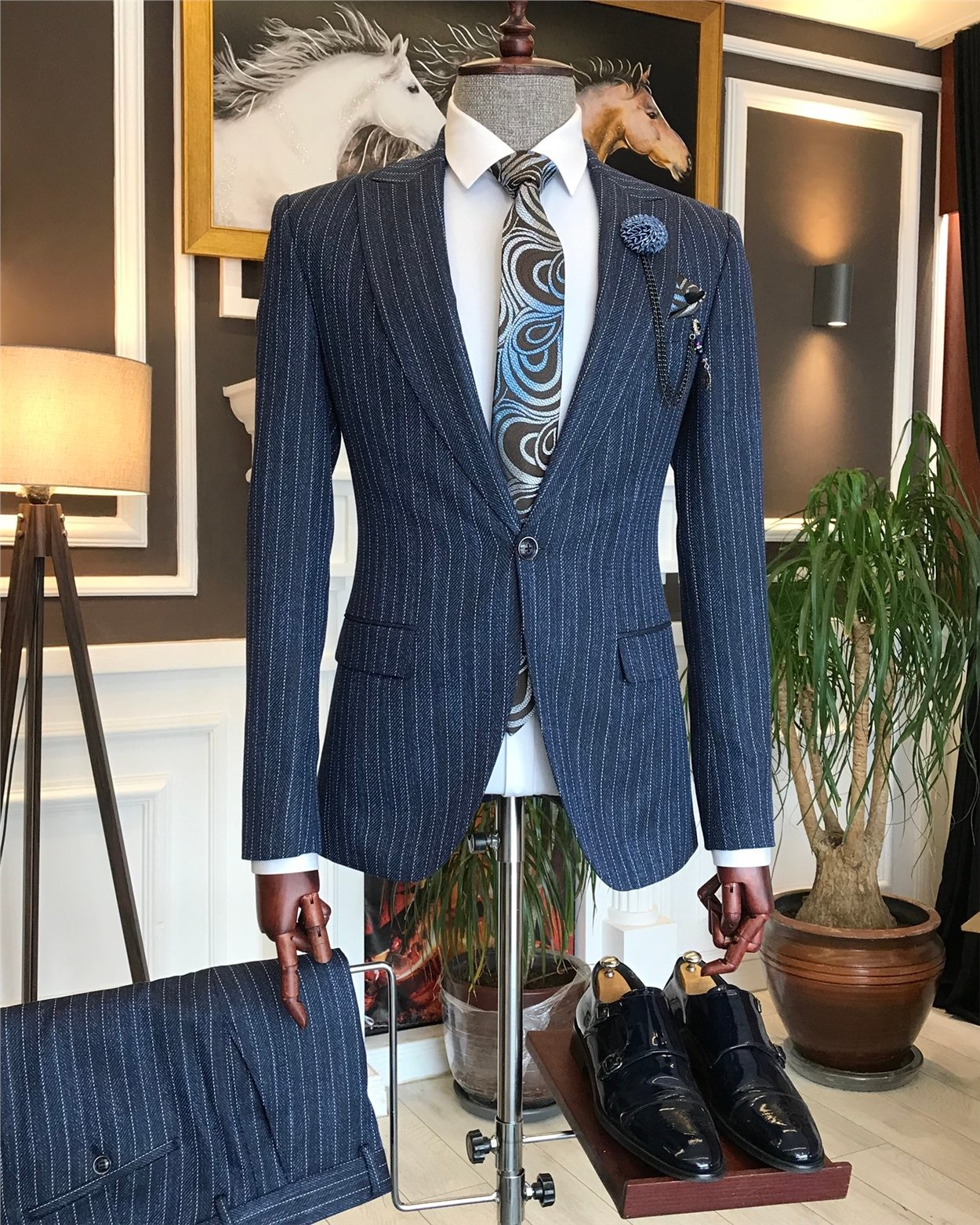 İtalyan stil slim fit erkek ceket pantolon takım elbise lacivert T6483
