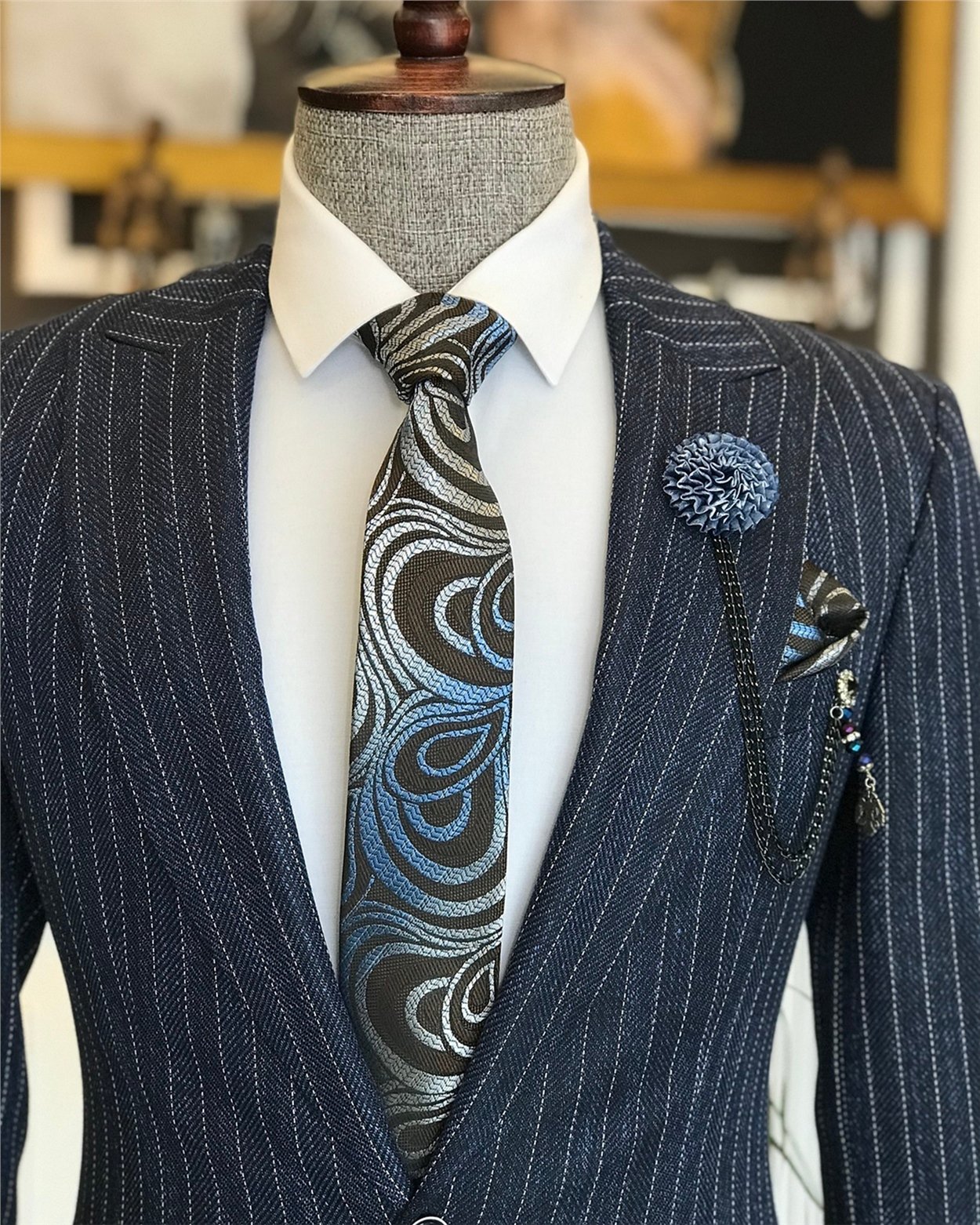 İtalyan stil slim fit erkek ceket pantolon takım elbise lacivert T6483