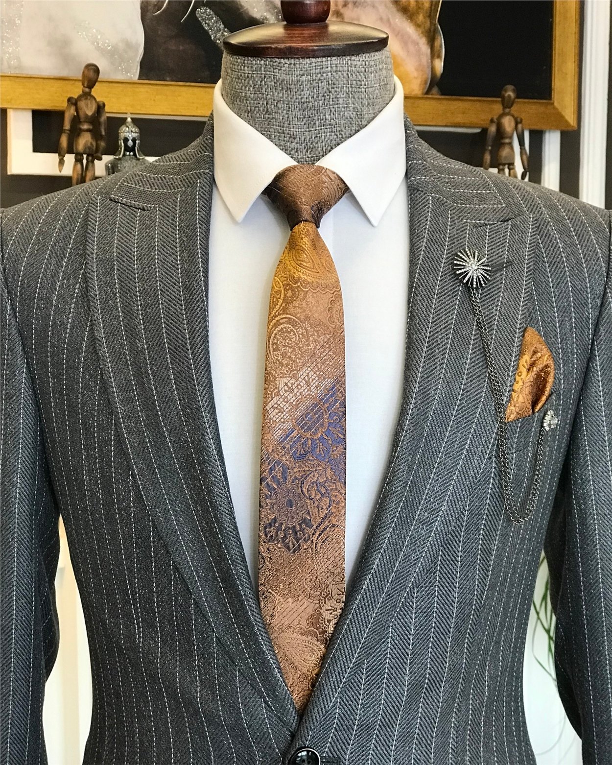 İtalyan stil slim fit erkek ceket pantolon takım elbise gri T6480