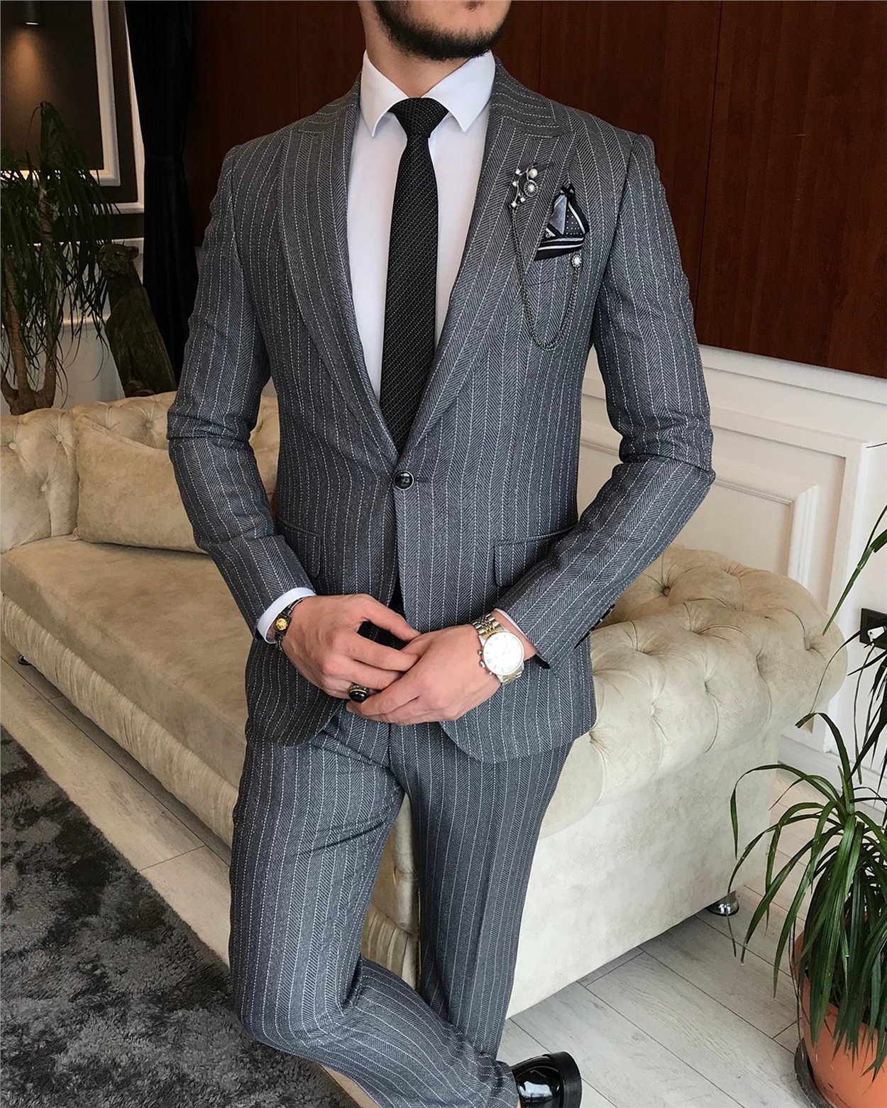 İtalyan stil slim fit erkek ceket pantolon takım elbise gri T6480
