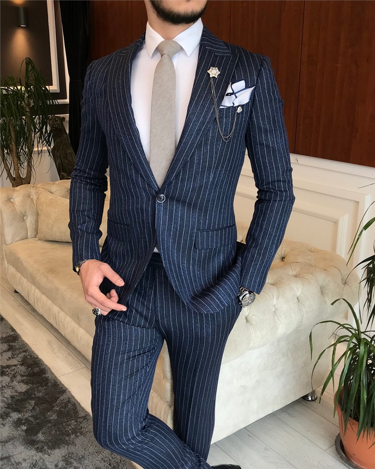 İtalyan stil slim fit erkek ceket pantolon takım elbise lacivert T6483