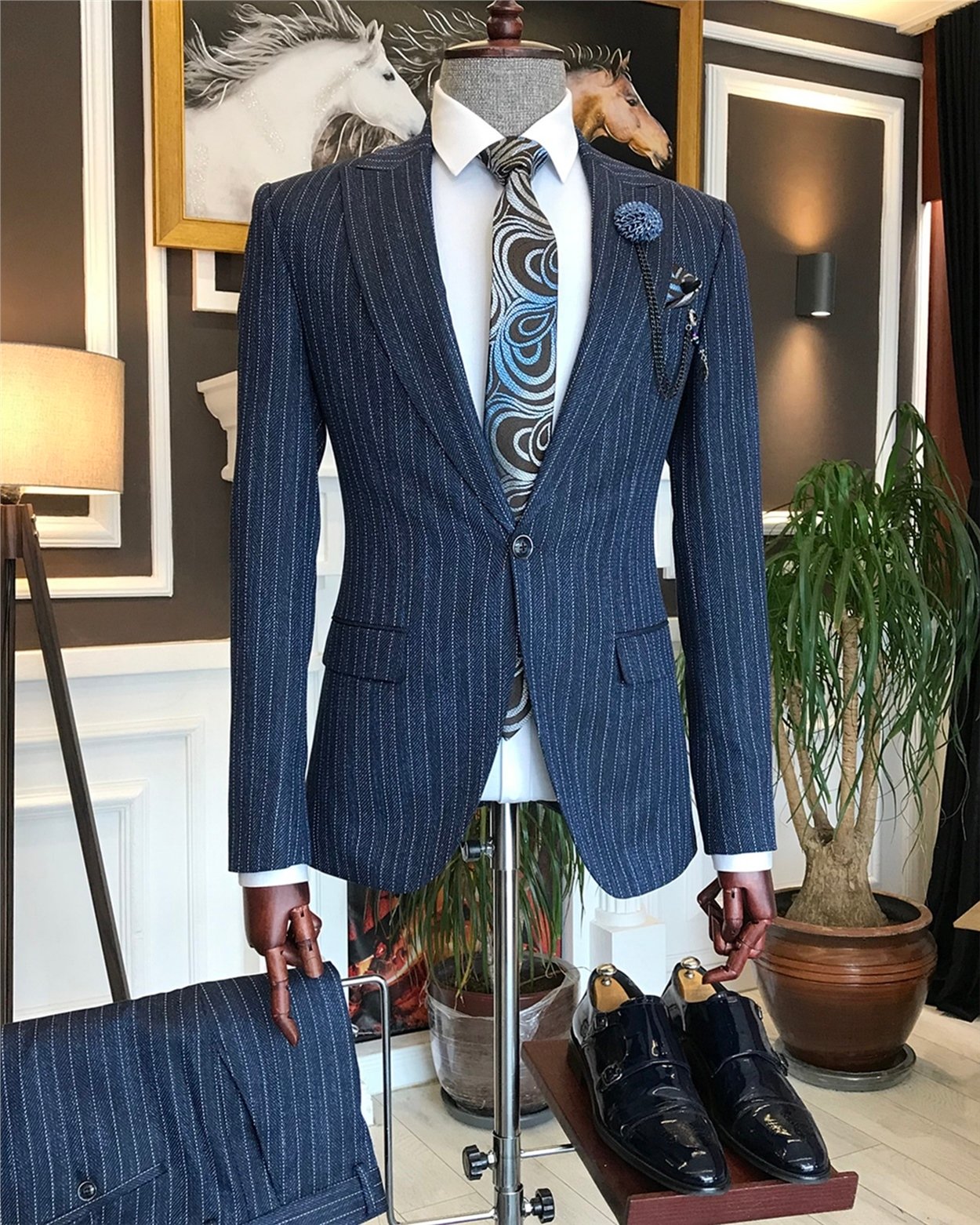 İtalyan stil slim fit erkek ceket pantolon takım elbise lacivert T6483