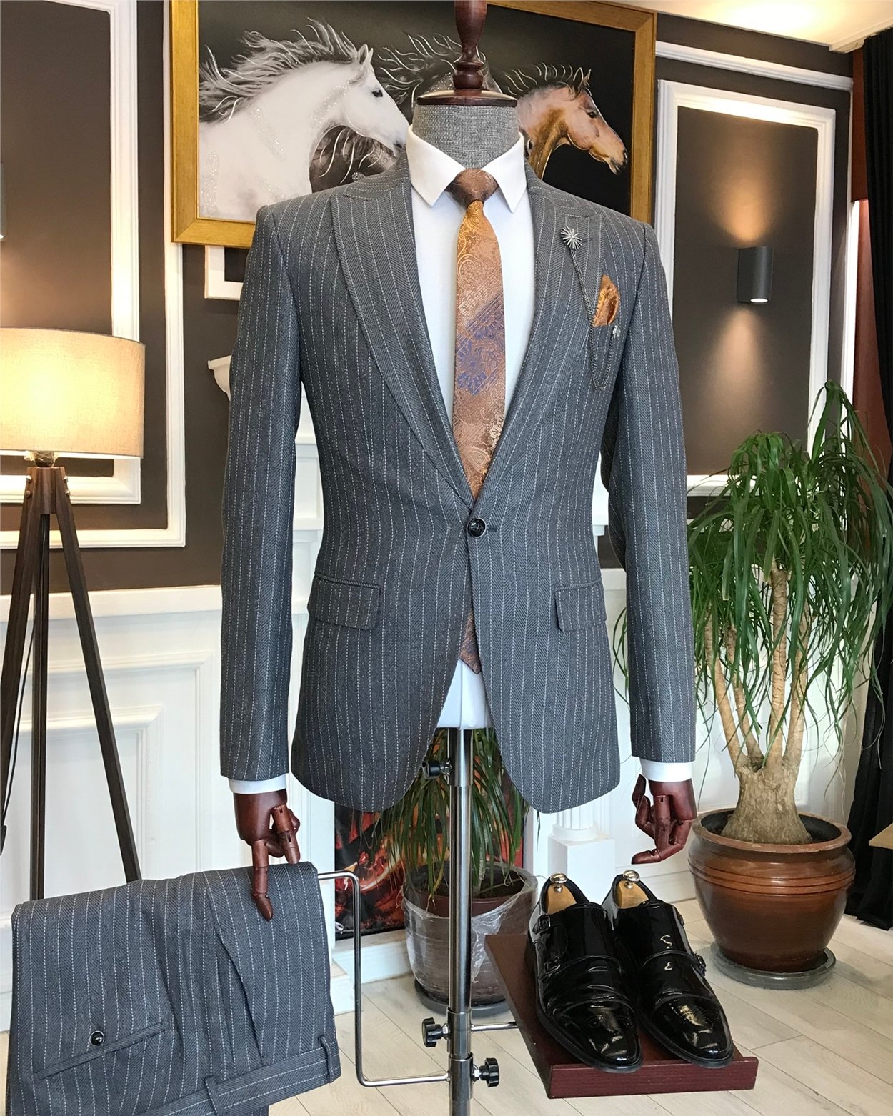 İtalyan stil slim fit erkek ceket pantolon takım elbise gri T6480