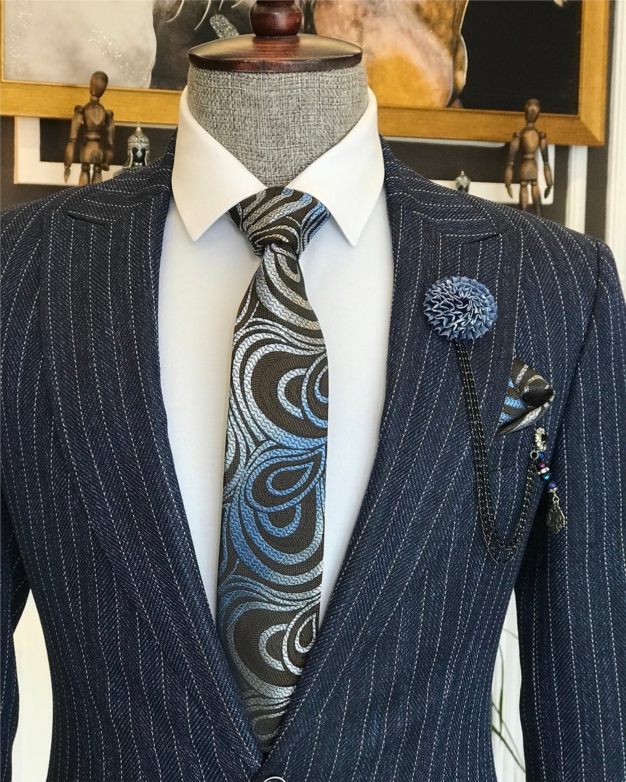 İtalyan stil slim fit erkek ceket pantolon takım elbise lacivert T6483