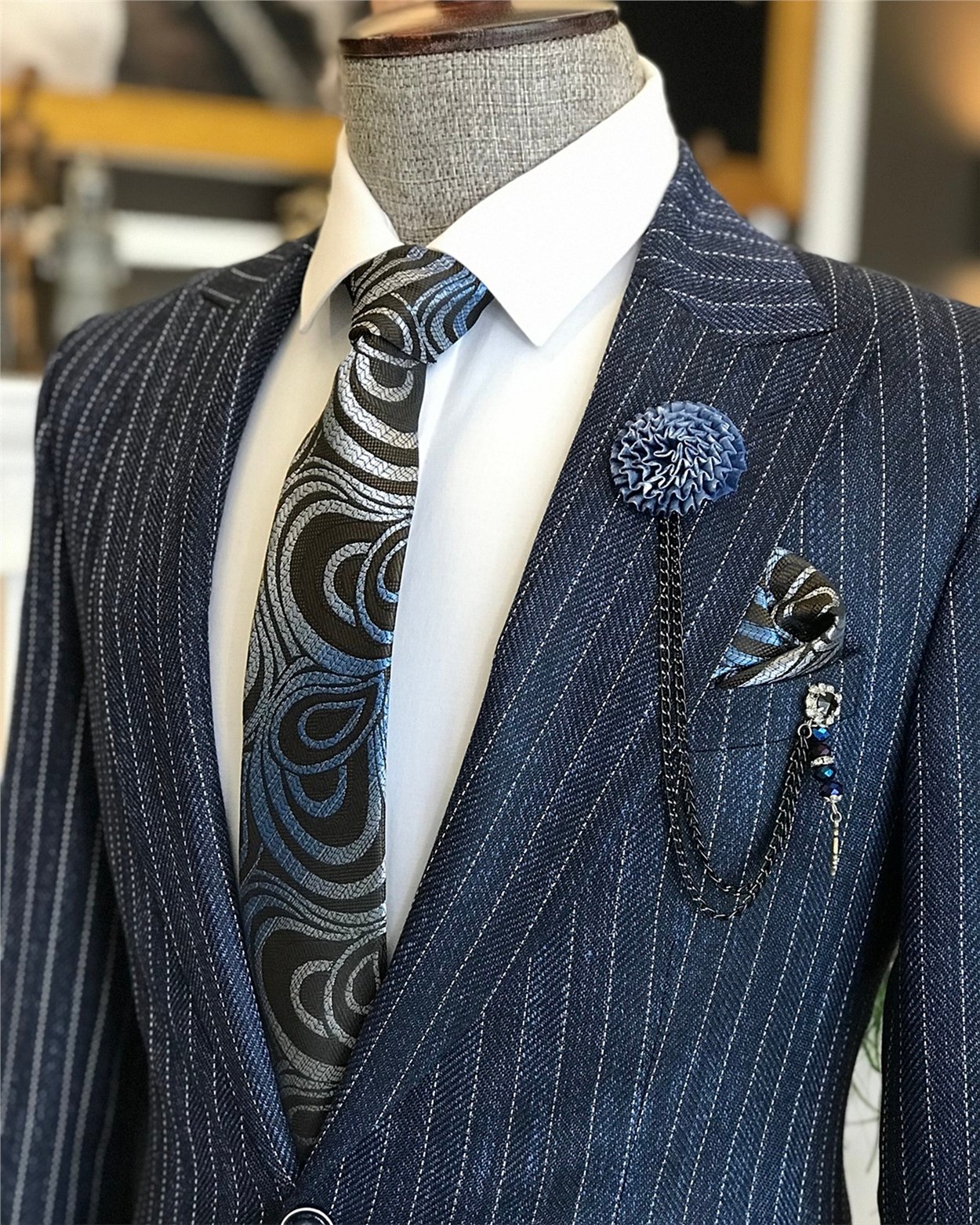 İtalyan stil slim fit erkek ceket pantolon takım elbise lacivert T6483