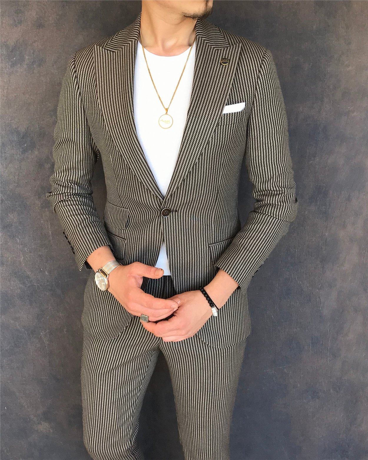 İtalyan stil slim fit erkek ceket pantolon takım elbise kahverengi T6095