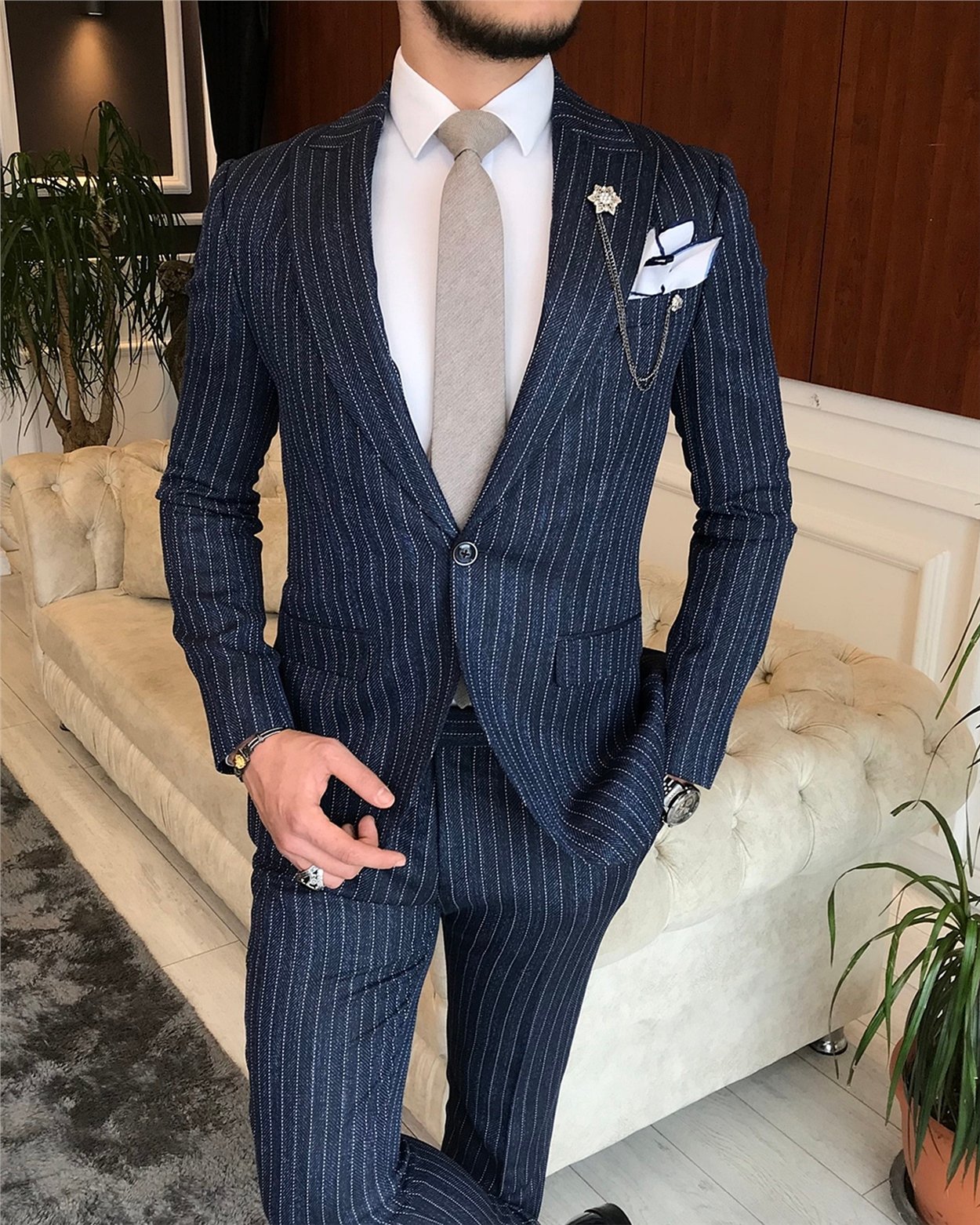 İtalyan stil slim fit erkek ceket pantolon takım elbise lacivert T6483