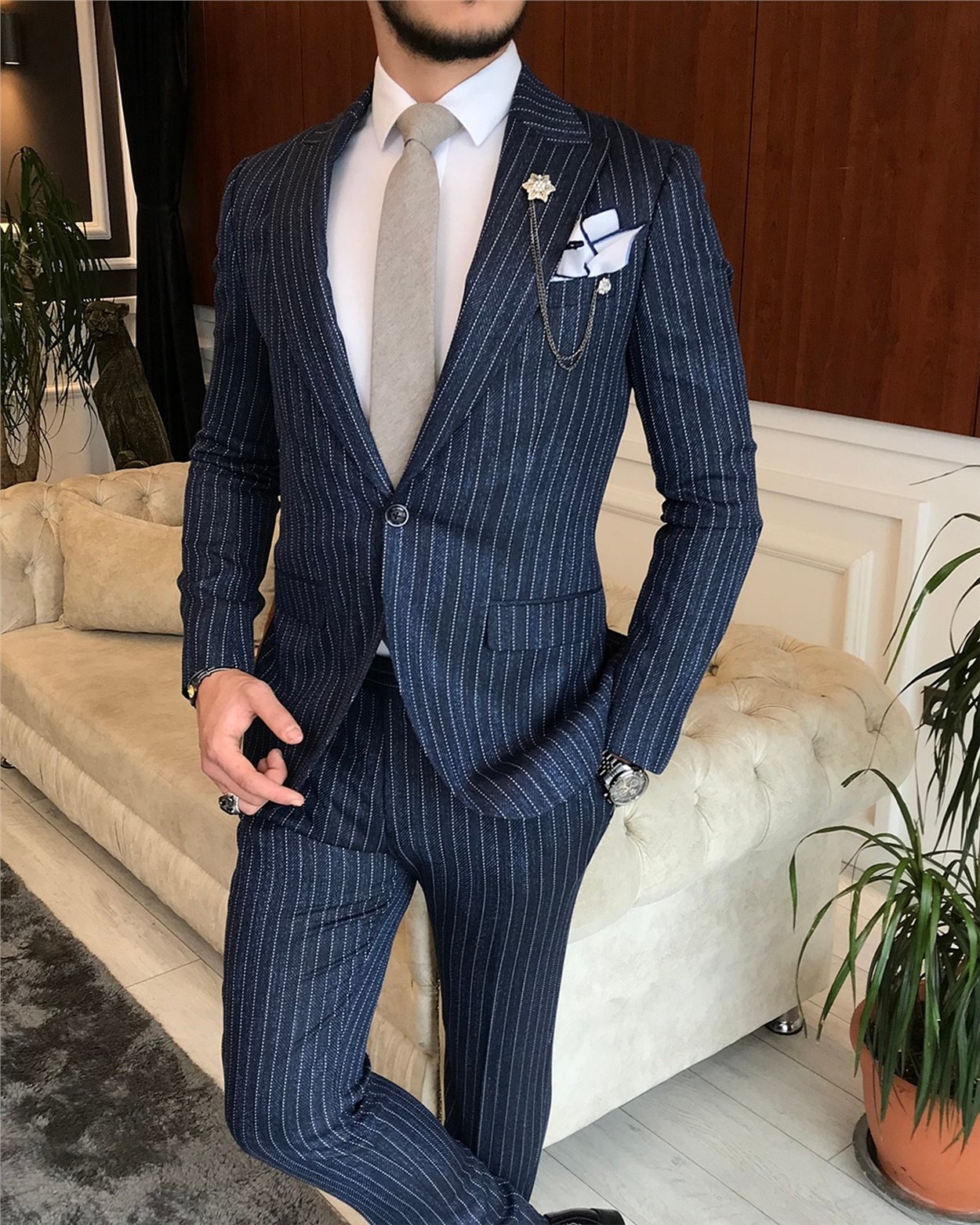 İtalyan stil slim fit erkek ceket pantolon takım elbise lacivert T6483