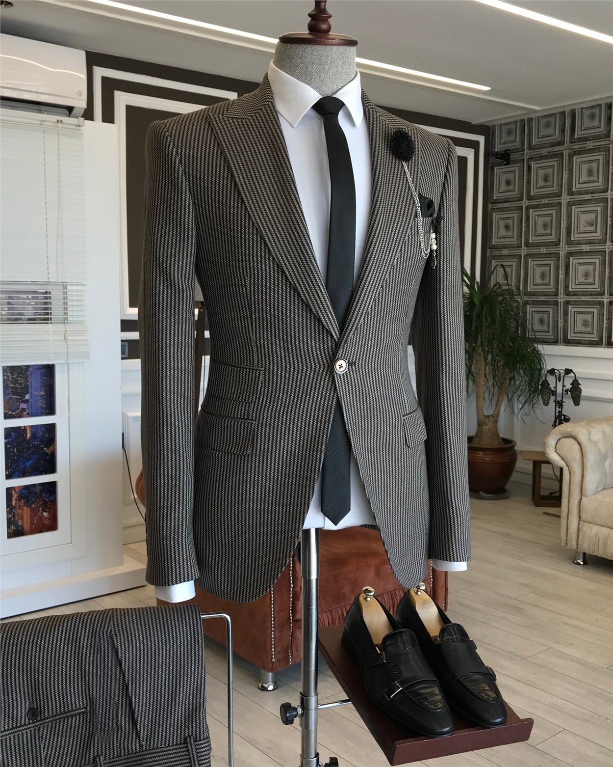İtalyan stil slim fit erkek ceket pantolon takım elbise kahverengi T6095