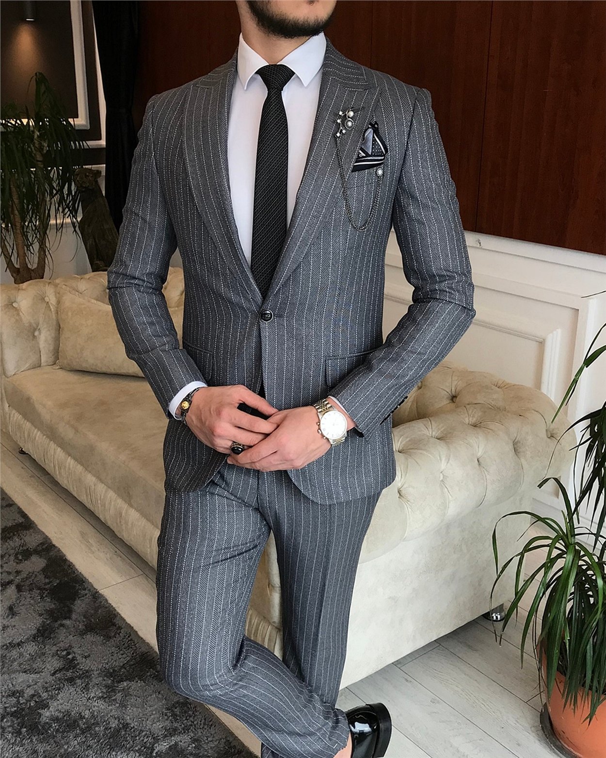 İtalyan stil slim fit erkek ceket pantolon takım elbise gri T6480