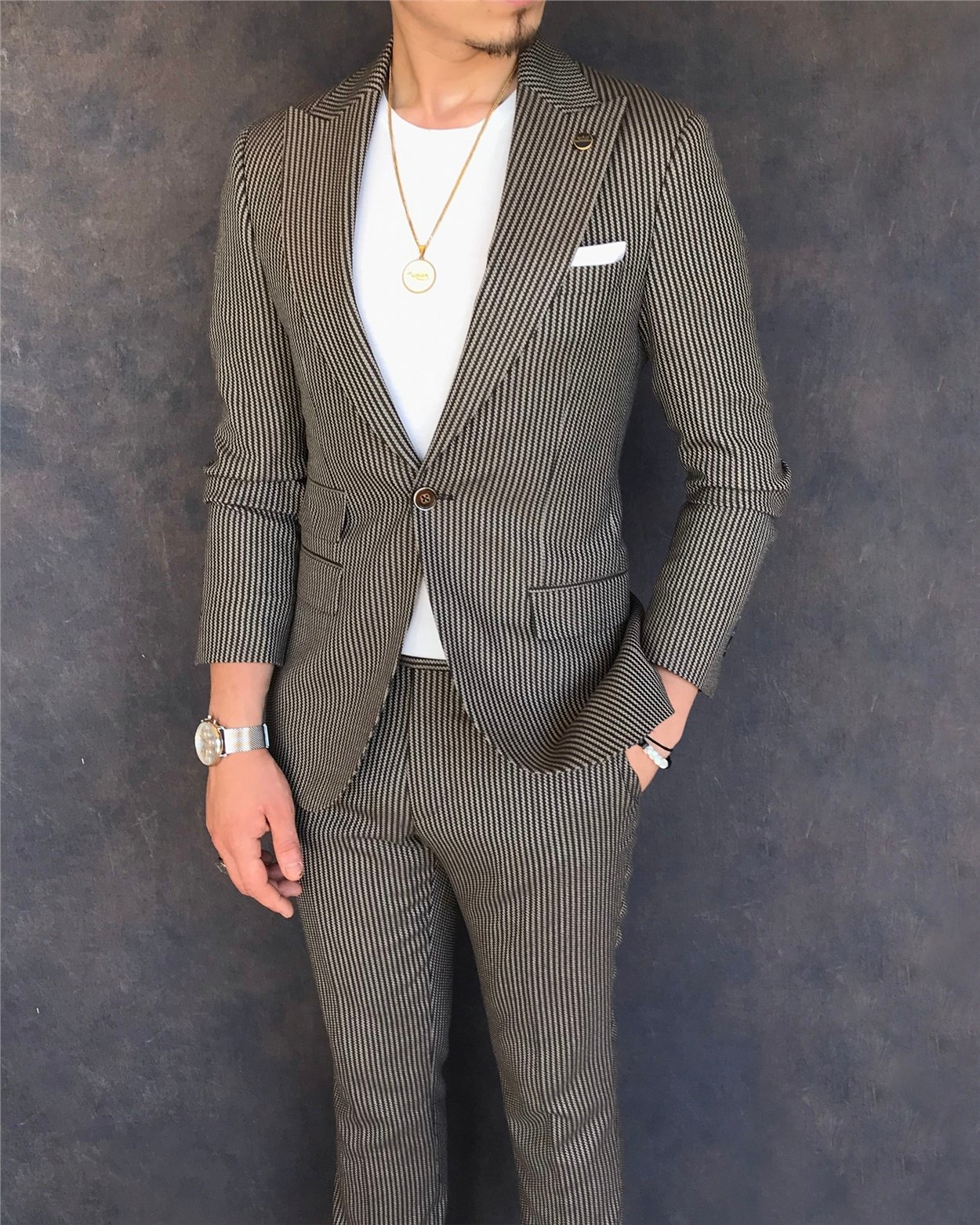 İtalyan stil slim fit erkek ceket pantolon takım elbise kahverengi T6095
