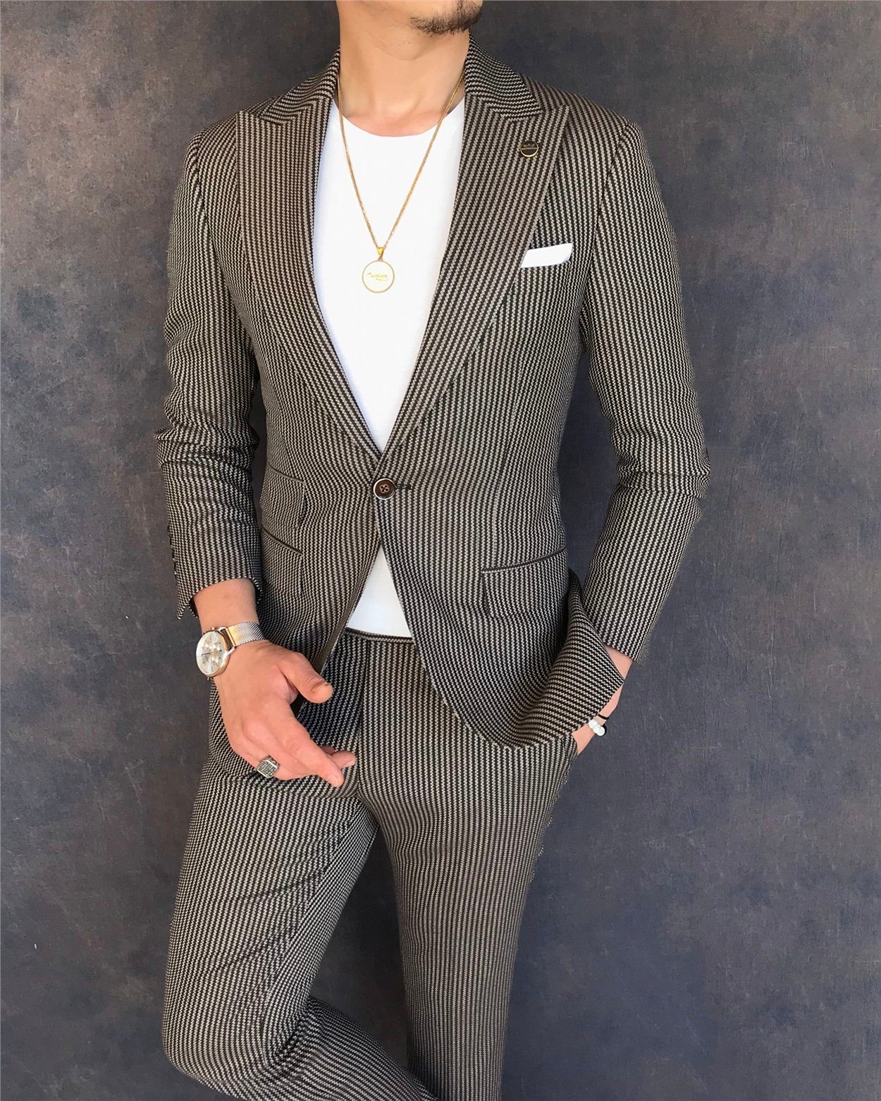 İtalyan stil slim fit erkek ceket pantolon takım elbise kahverengi T6095