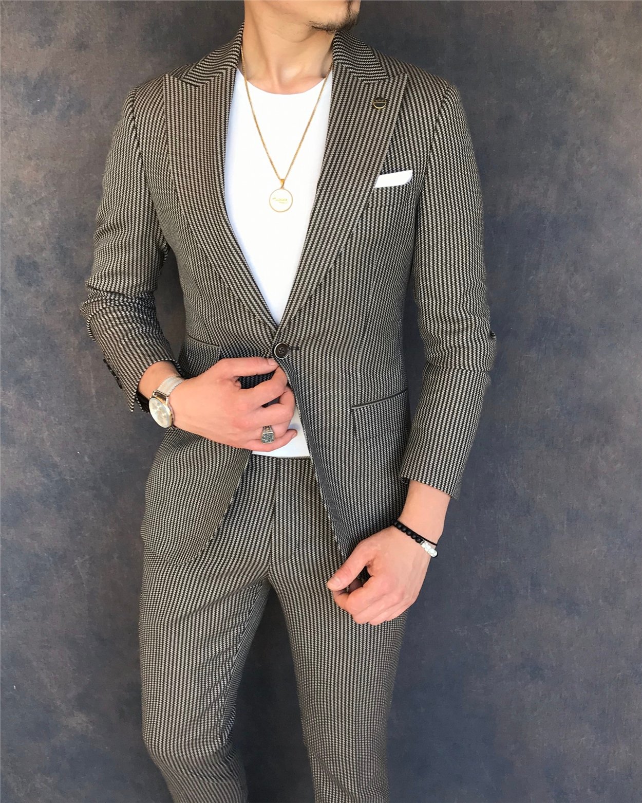 İtalyan stil slim fit erkek ceket pantolon takım elbise kahverengi T6095