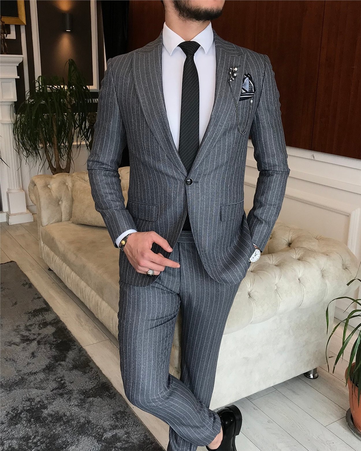 İtalyan stil slim fit erkek ceket pantolon takım elbise gri T6480