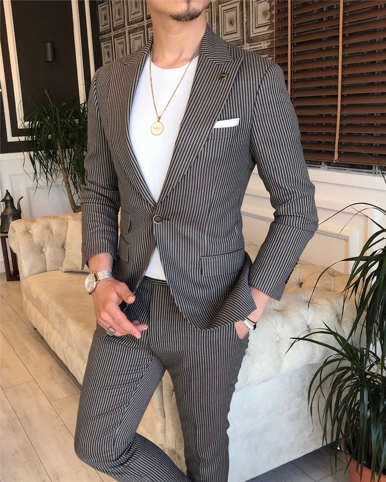 İtalyan stil slim fit erkek ceket pantolon takım elbise kahverengi T6095