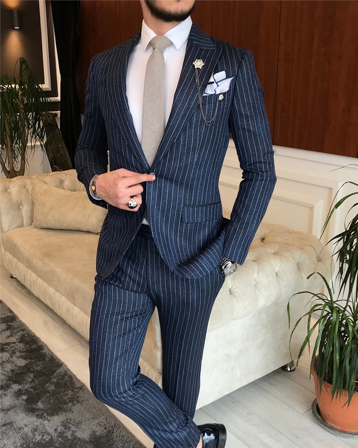 İtalyan stil slim fit erkek ceket pantolon takım elbise lacivert T6483