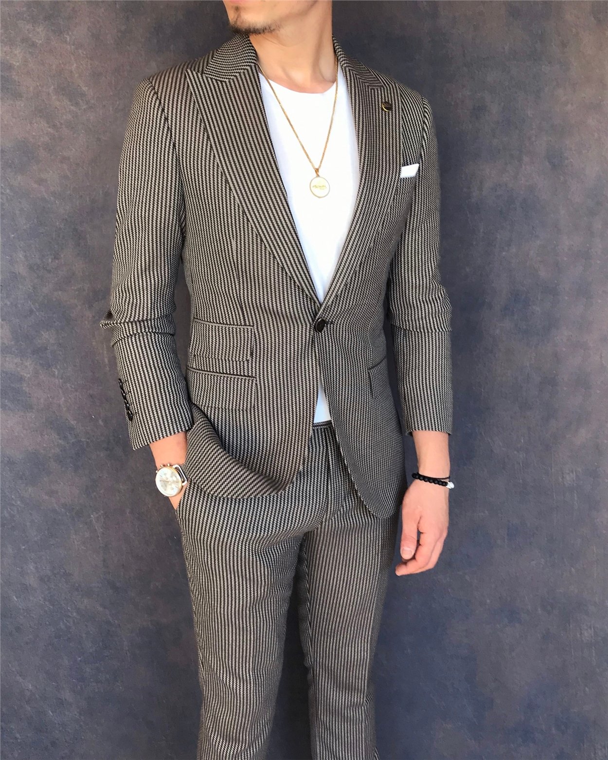 İtalyan stil slim fit erkek ceket pantolon takım elbise kahverengi T6095
